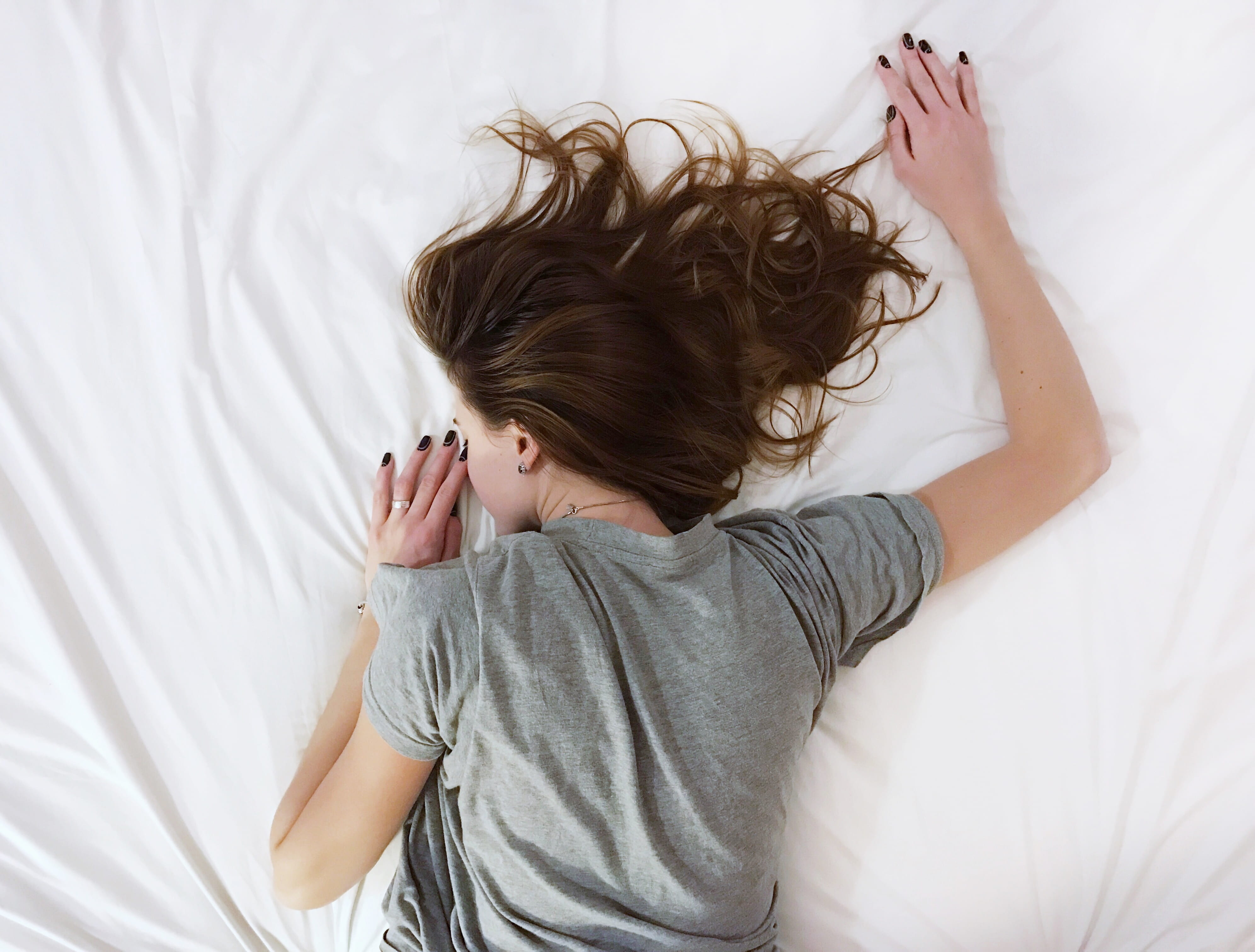 hairstyle, women, sleeping, brown Hair, casual clothing, relaxation, high angle view, tired, one Person, bed, lying Down, resting, top, pillow, crew neck, HD Wallpaper