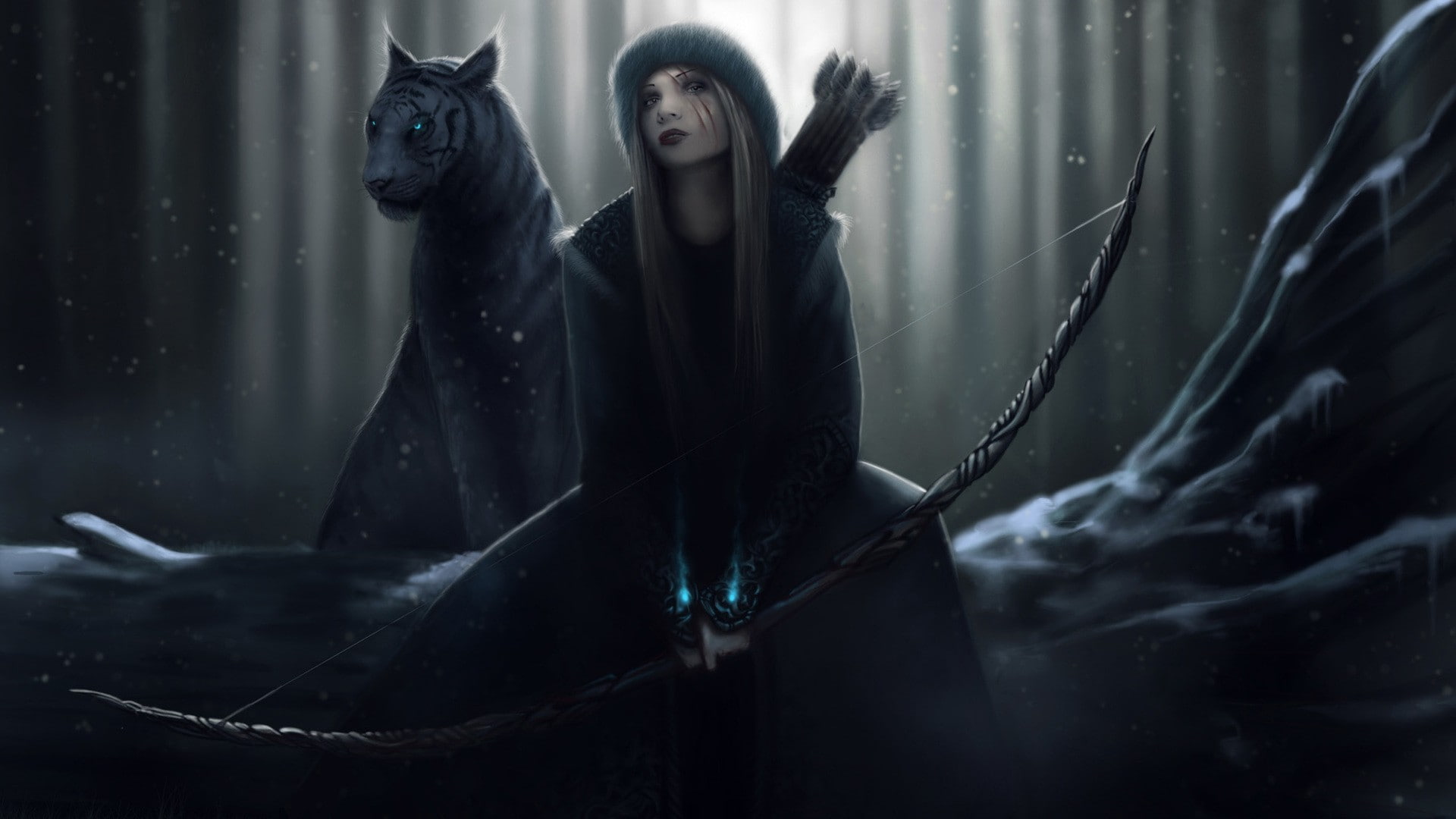 archer, bow and arrow, cat, fantasy girl, fantasy art, animals, 1080P, snow, bow, hunter, HD Wallpaper
