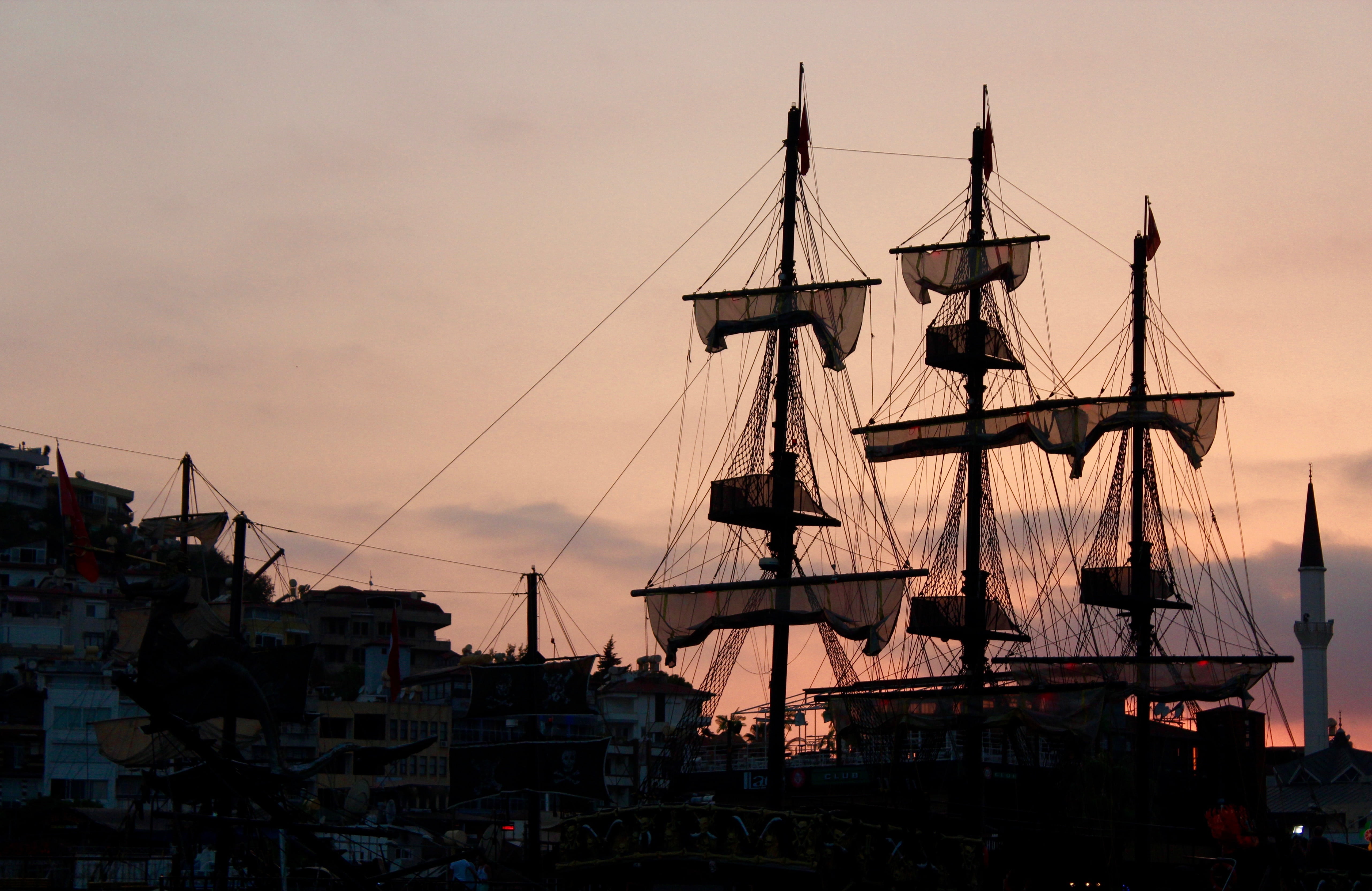 sailing ship, sky, sea, boar trip, travel, cloud - sky, alanya, pole, marina, 5K, rigging, no people, sailboat, mode of transportation, water, architecture, HD Wallpaper