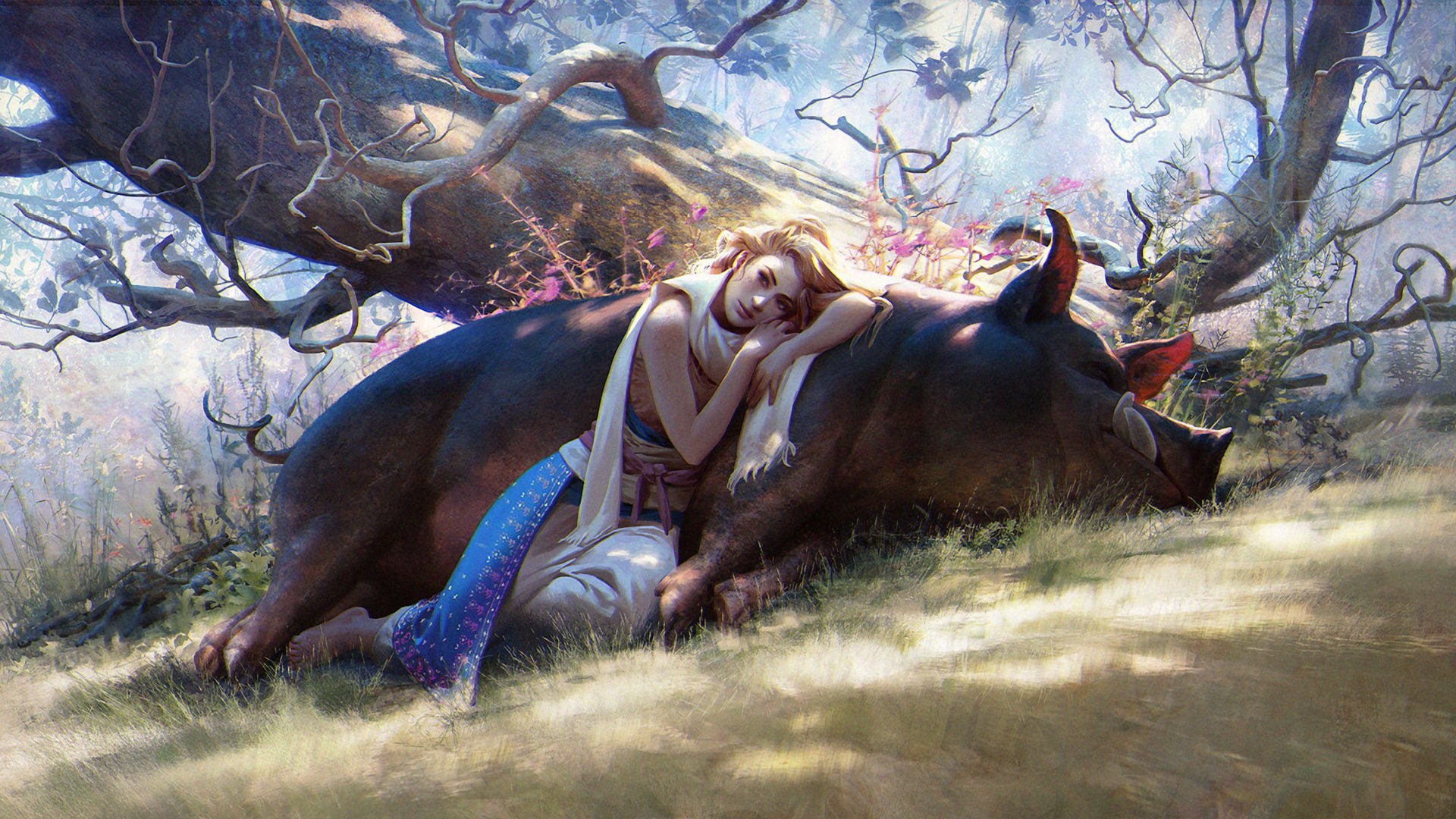 Boar, Tree, Belt, Animal, Grass, Scarf, Woman, Sunlight, Barefoot, Blonde, Women, 1080P, Sitting, Dress, Fantasy, HD Wallpaper