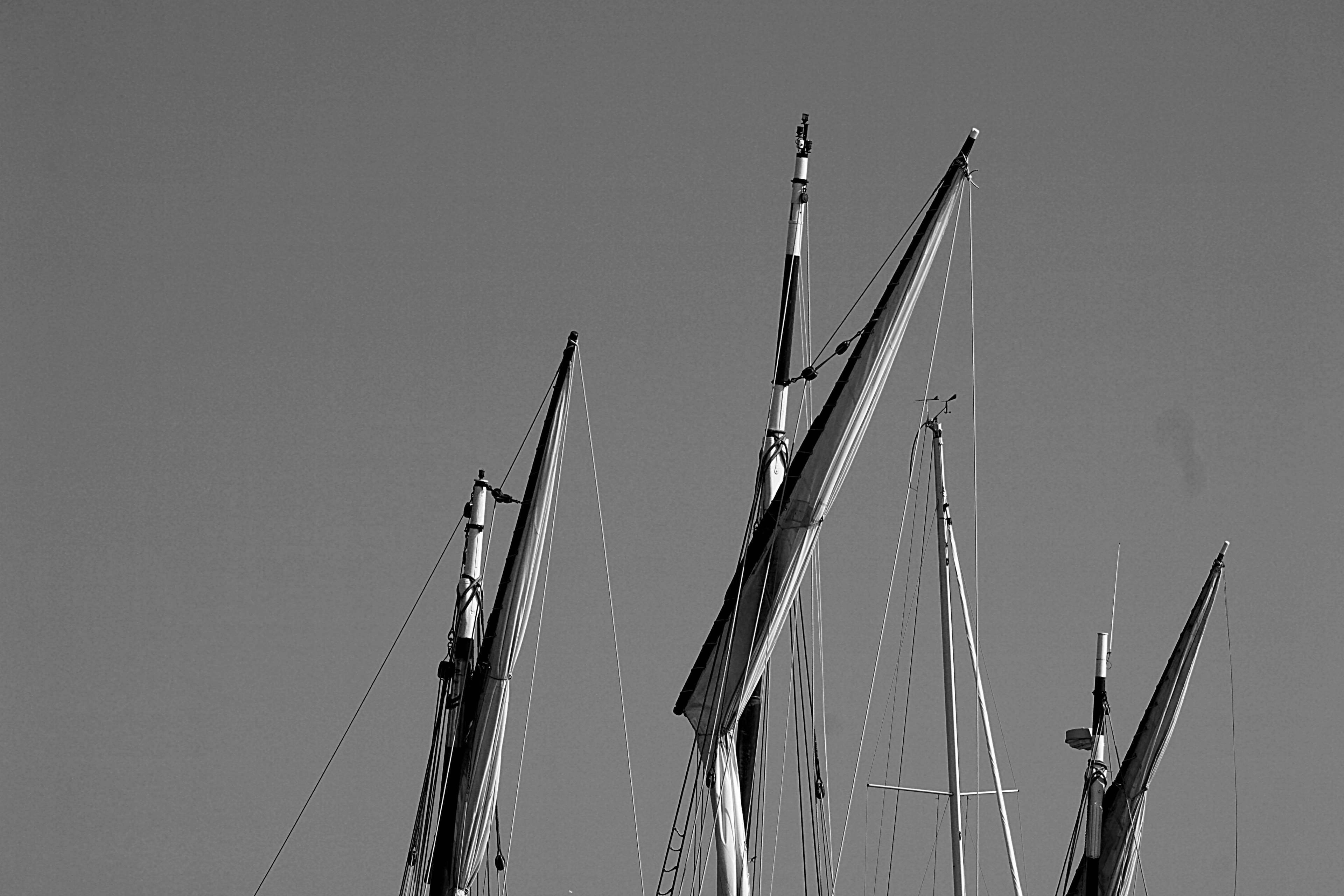 ship, mast, transportation, noir et blanc, nature, no people, rigging, tall ship, sunny, day, low angle view, sailing, clear sky, 4K, pole, marin, outdoors, HD Wallpaper