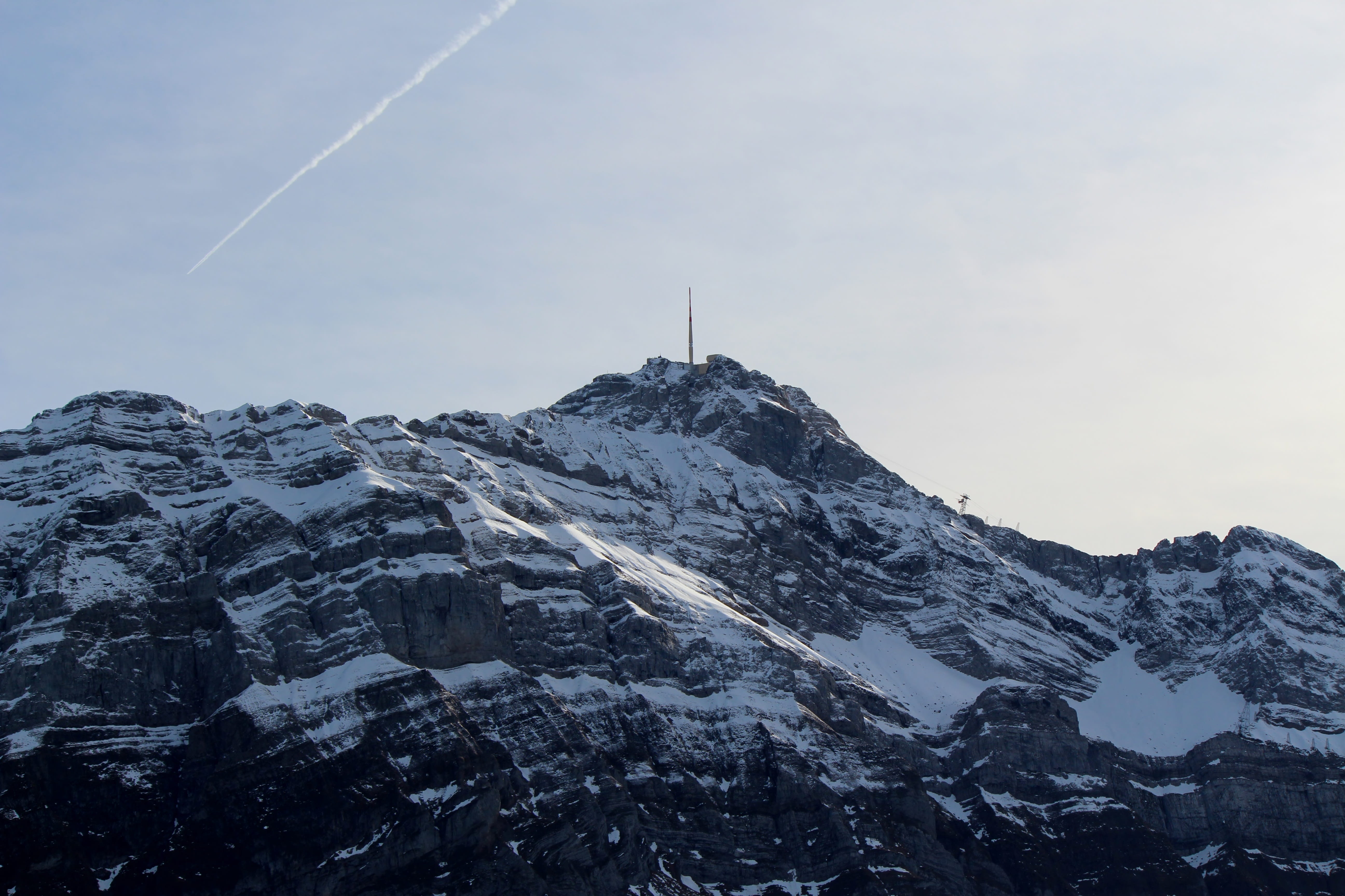 cold temperature, vapor trail, snowcapped mountain, 5K, mountain peak, Säntis, outdoors, no people, rock, tranquility, winter, mountain range, day, cloud - sky, HD Wallpaper