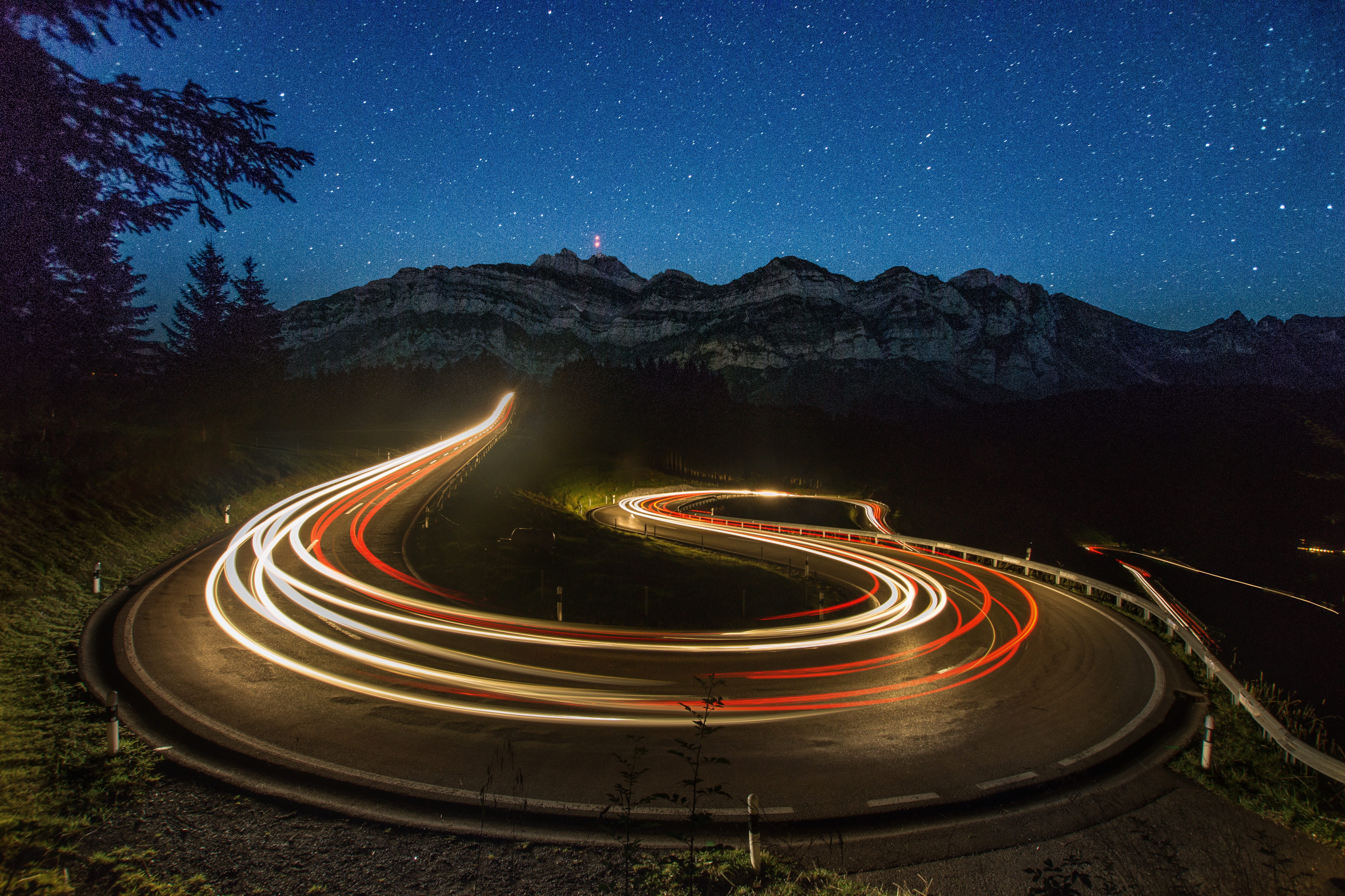 light traces, säntis, space, tail light, switzerland säntis, appenzell, alpstein, galaxy, curve, space and astronomy, alpine, astronomy, transportation, HD Wallpaper