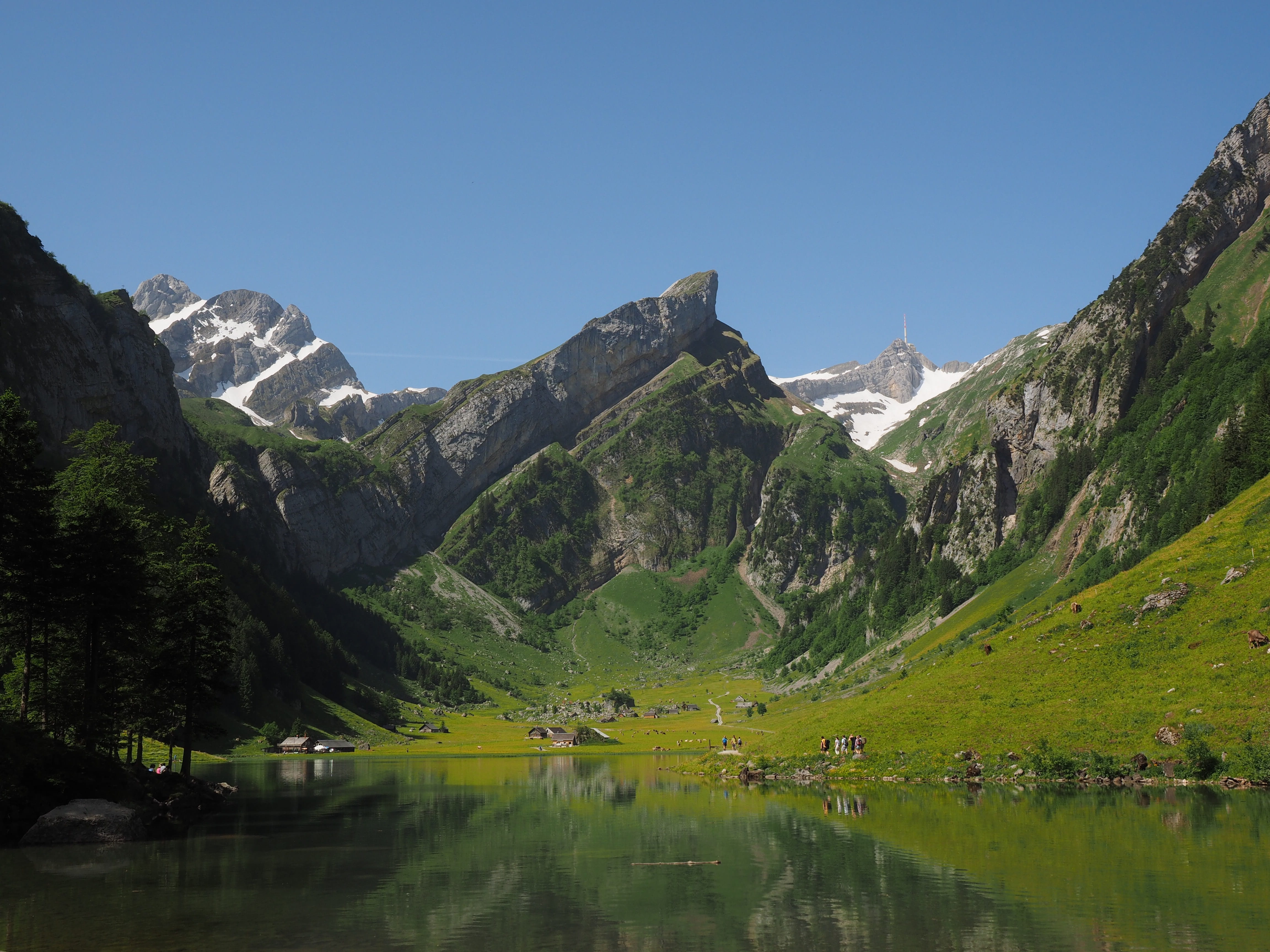 Seealpsee, sky, scenics - nature, Idyll, tranquil scene, mountain range, Hike, Lake, alpine, mountain peak, tranquility, cold temperature, water, 4K, no people, HD Wallpaper