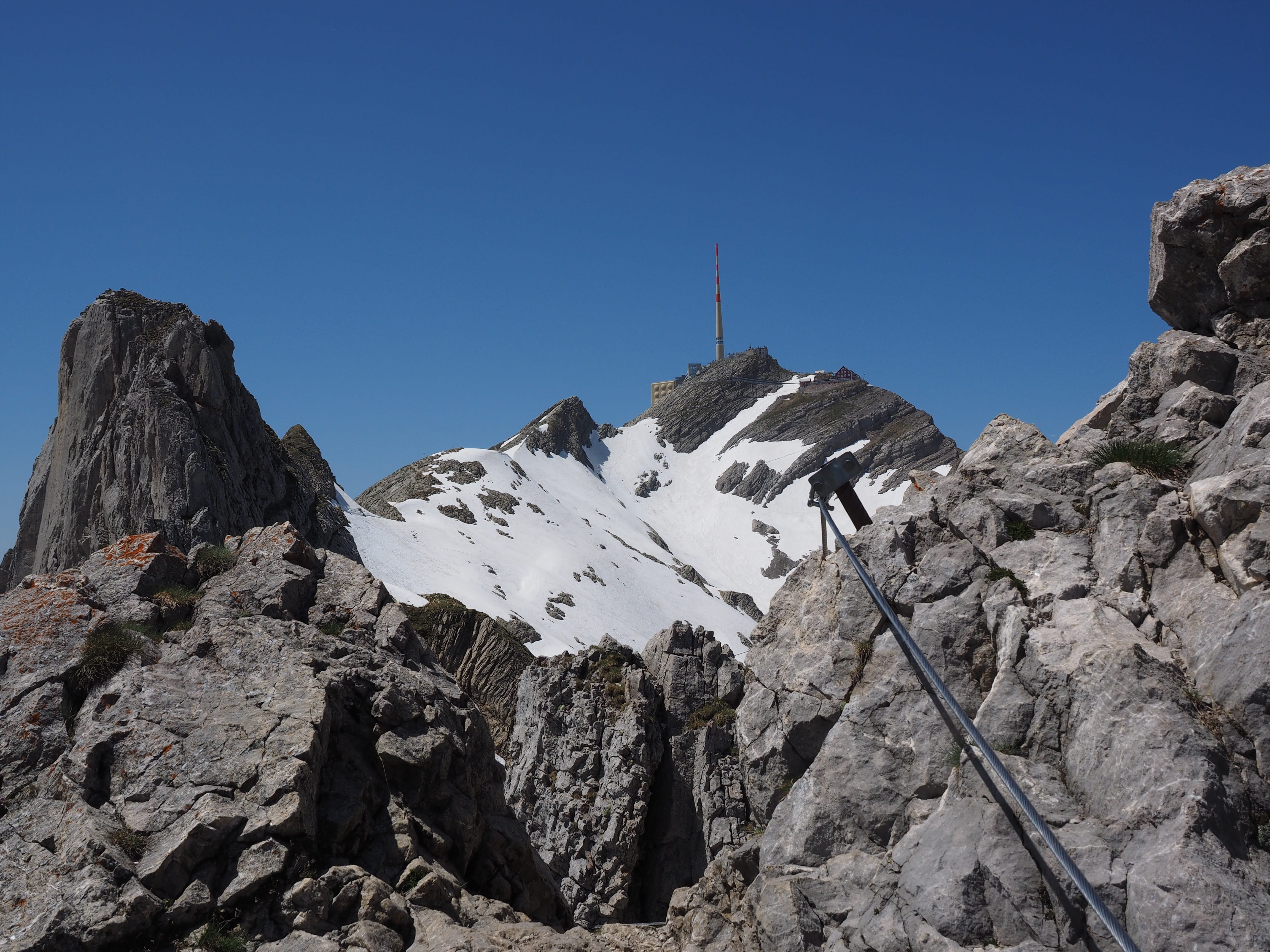 rock, the rope, 4K, mountain station, sky, beauty in nature, Scramble, transmitter säntis, Lenses, eroded, Rope, summit, swiss alps, säntis, physical geography, HD Wallpaper
