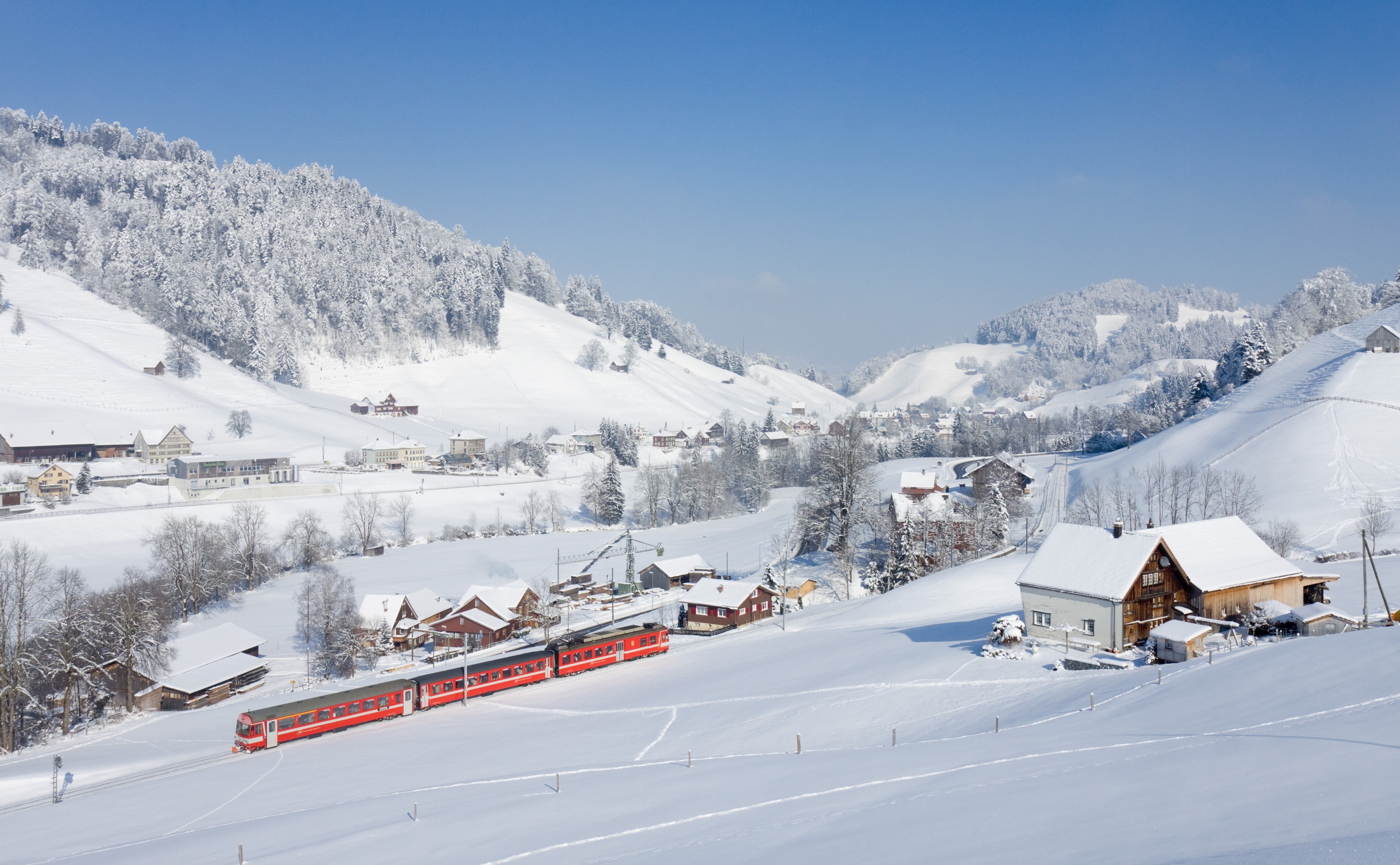 eisenbahn, weiss, Snow, scenics - nature, white color, pushpull, sky, architecture, railways, 4K, appenzellerbahnen, Railway, Train, mountain, urnasch, HD Wallpaper
