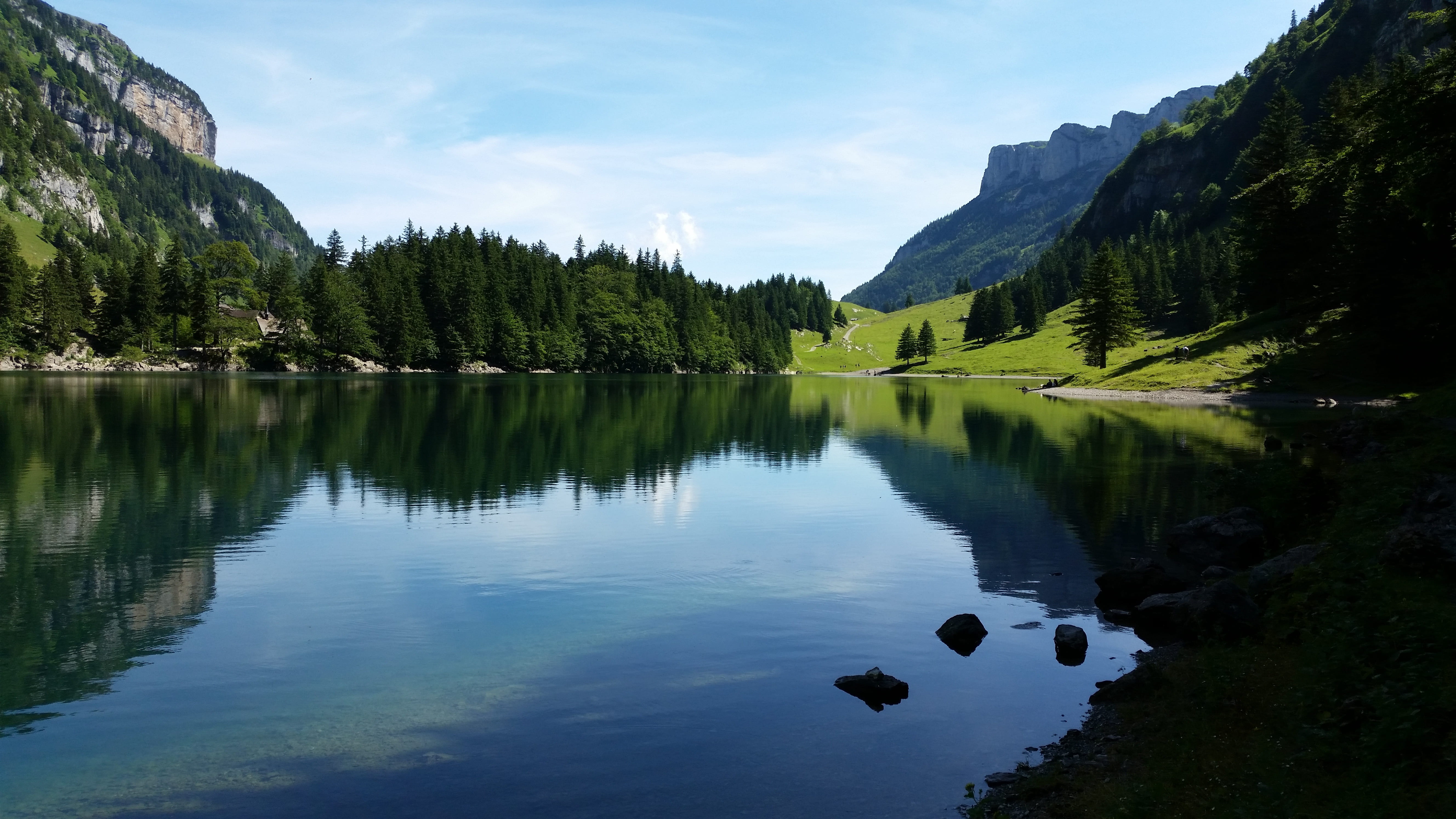 appenzell, sunny, trees, photography, tranquility, mirroring, sky, day, body, lake, green, reflection lake, landscape, non-urban scene, cloud - sky, switzerland, HD Wallpaper