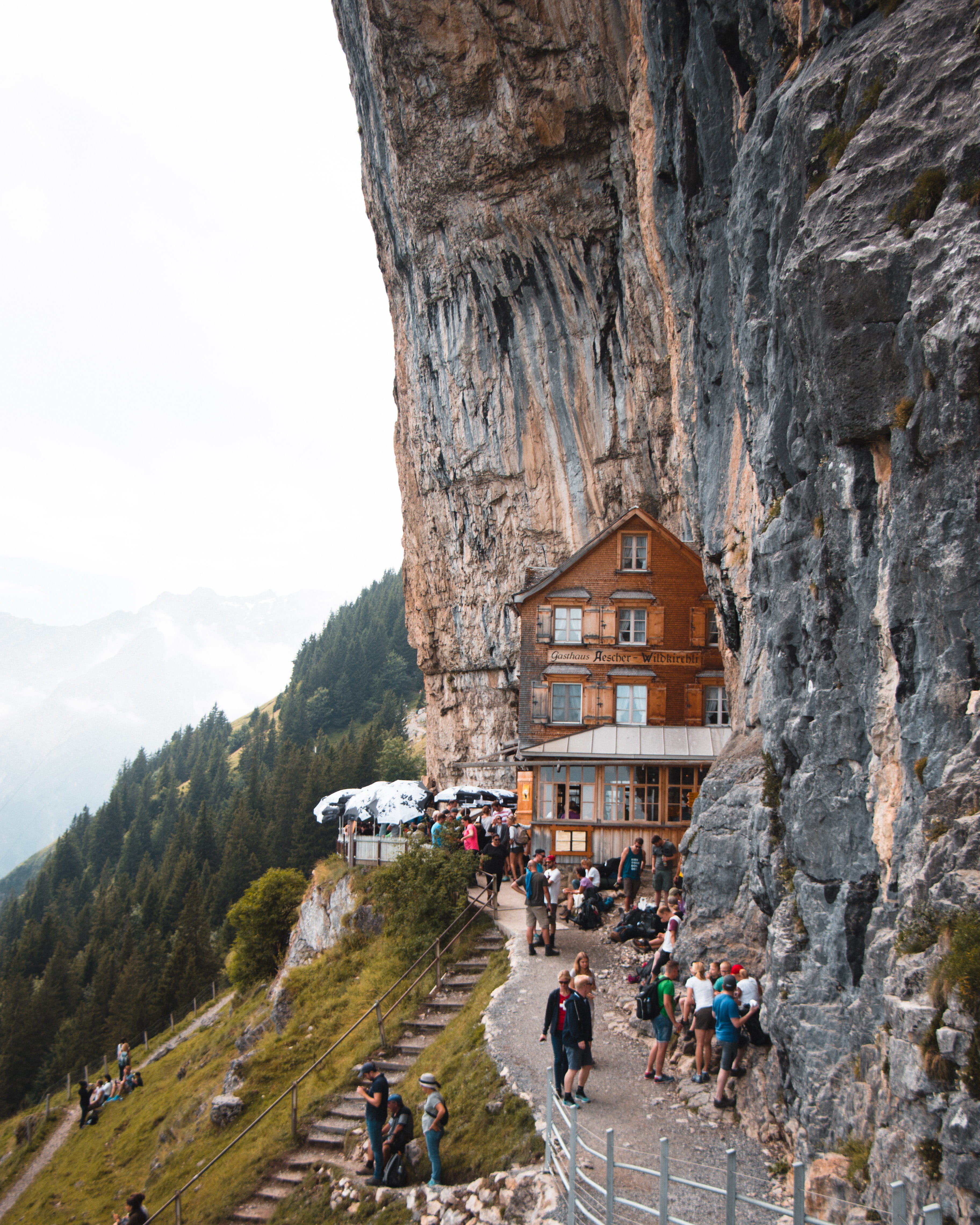 outdoors, group of people, large group of people, mountain, women, day, leisure activity, crowd, berggasthaus aescher-wildkirchli, restaurant, architecture, Phone HD Wallpaper