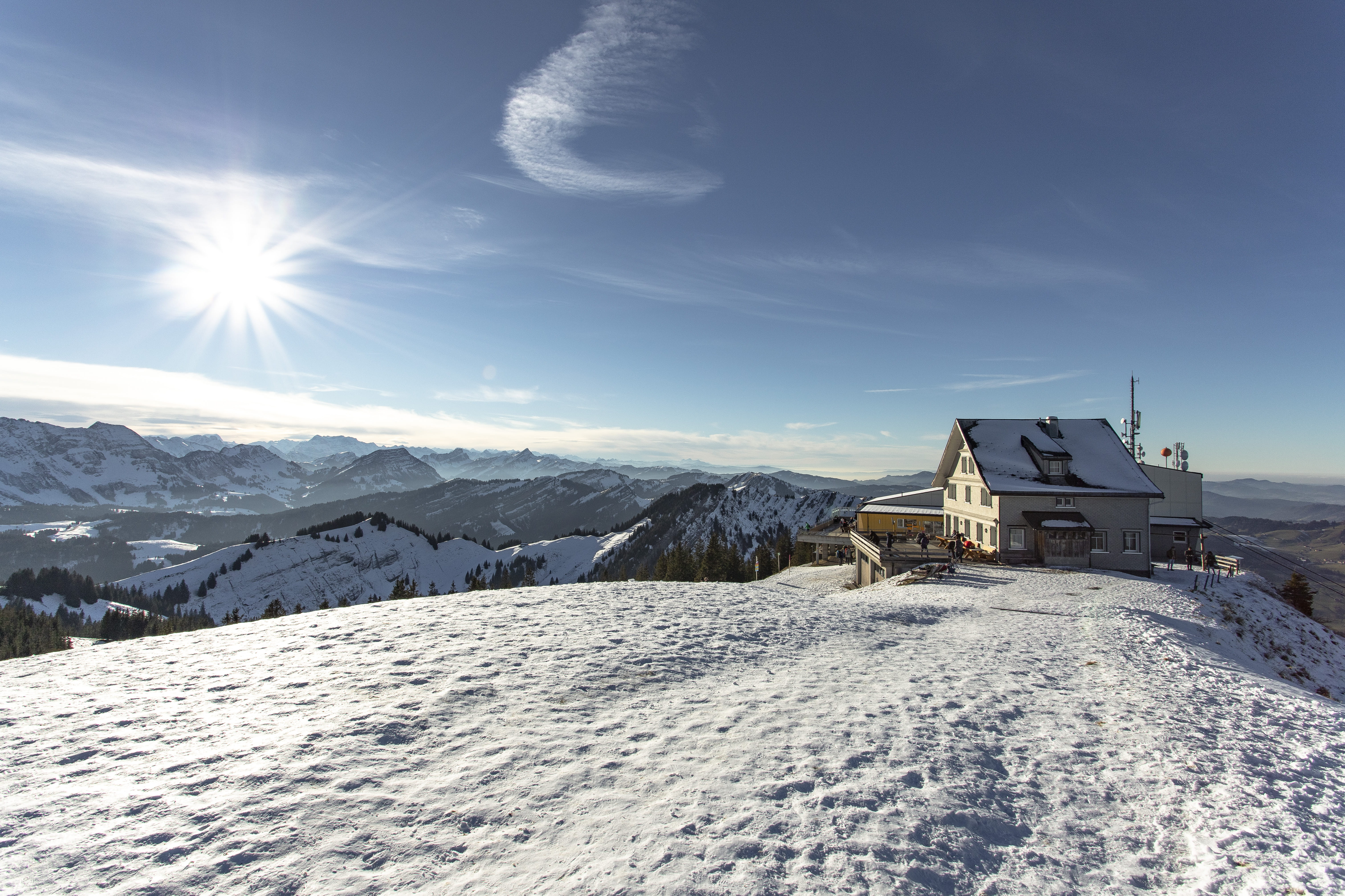 cold temperature, nature, alp, outdoors, winter, mountain, built structure, appenzell, beauty in nature, scenics - nature, restaurant, sunlight, ski resort, HD Wallpaper