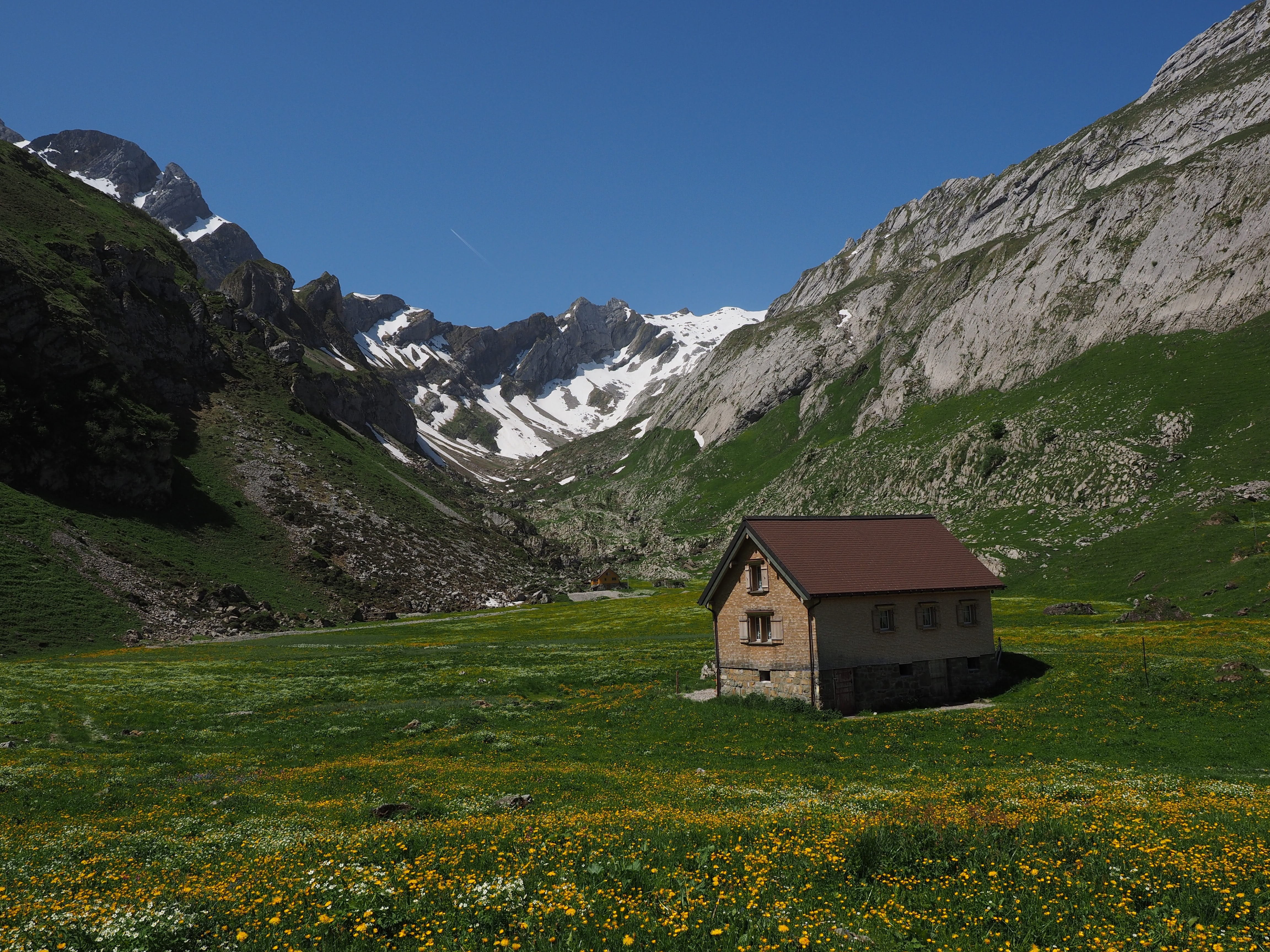 built structure, mountain, idyllic, landscape, meglisalp, appenzell, chapel, outdoors, land, mountain peak, 4K, migratory goal, beauty in nature, tranquility, HD Wallpaper