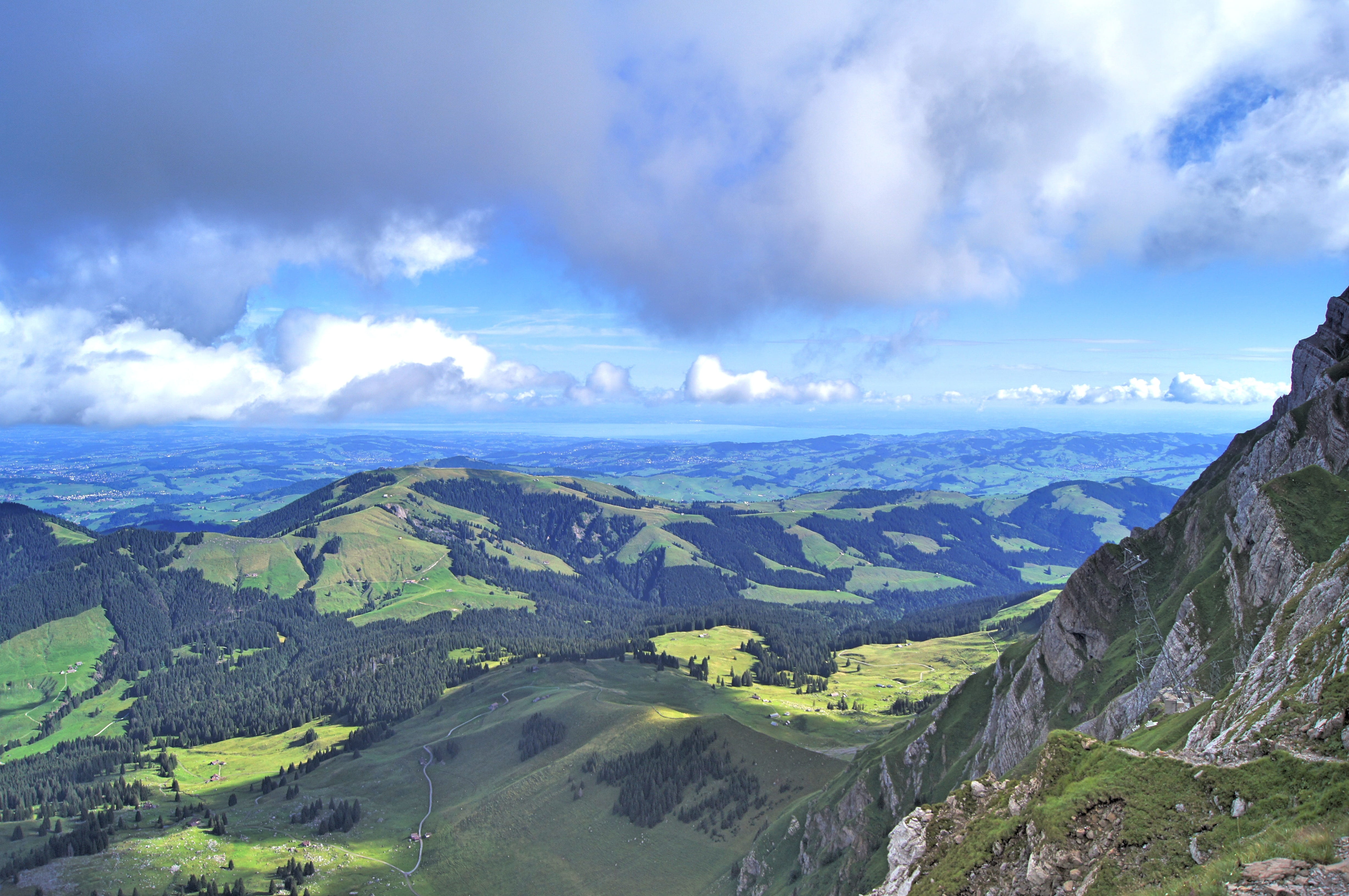 Alpstein, hill, scenics - nature, cloud - Sky, summer, weather mood, water, environment, blue, view, day, idyllic, Mountain, mountain, rural Scene, Lake Constance, HD Wallpaper