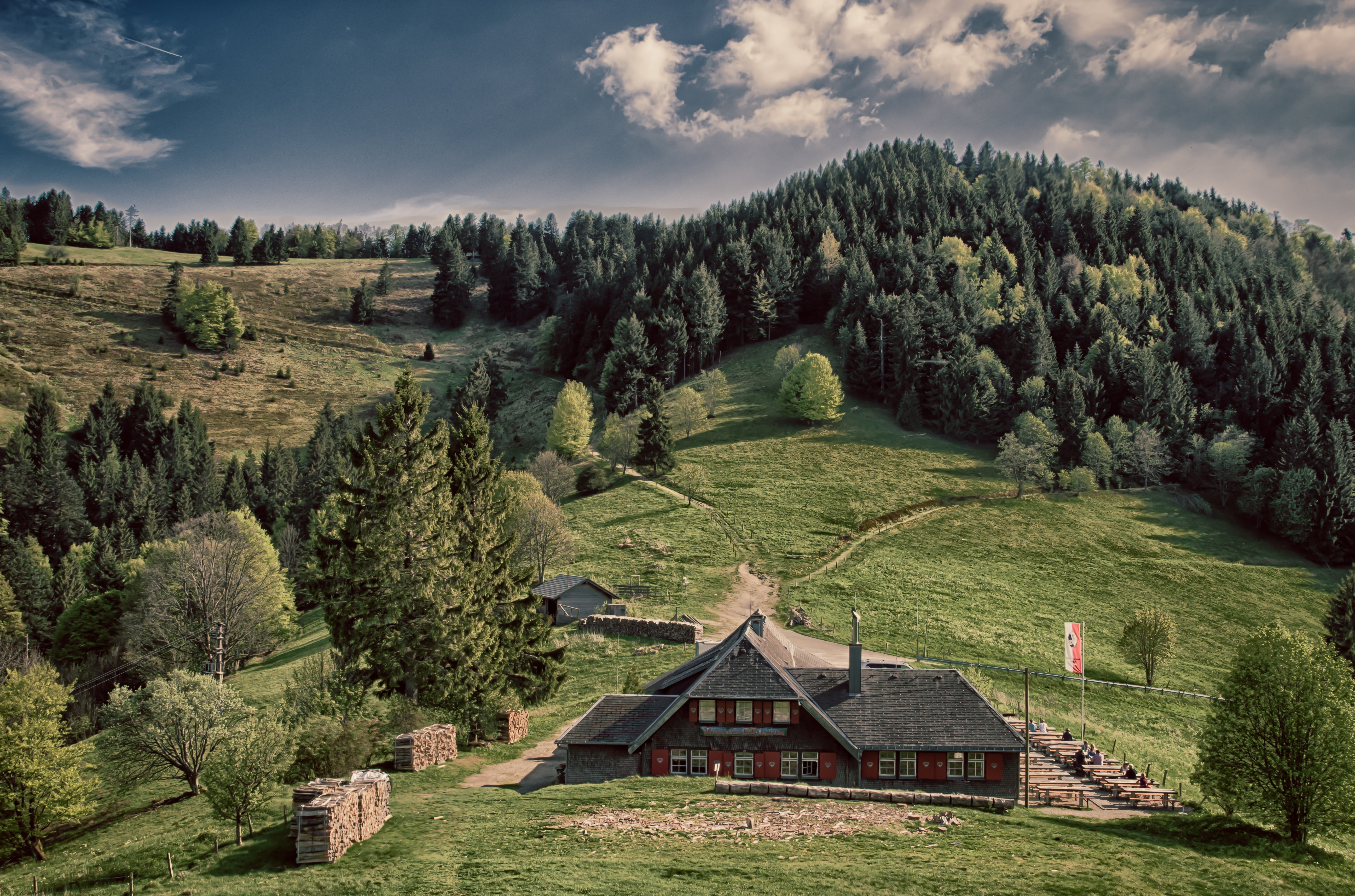 rural scene, sky, no people, cottage, trees, baden württemberg, plant, building, landscape, hut, built structure, black forest, clouds, nature, surrounded, HD Wallpaper