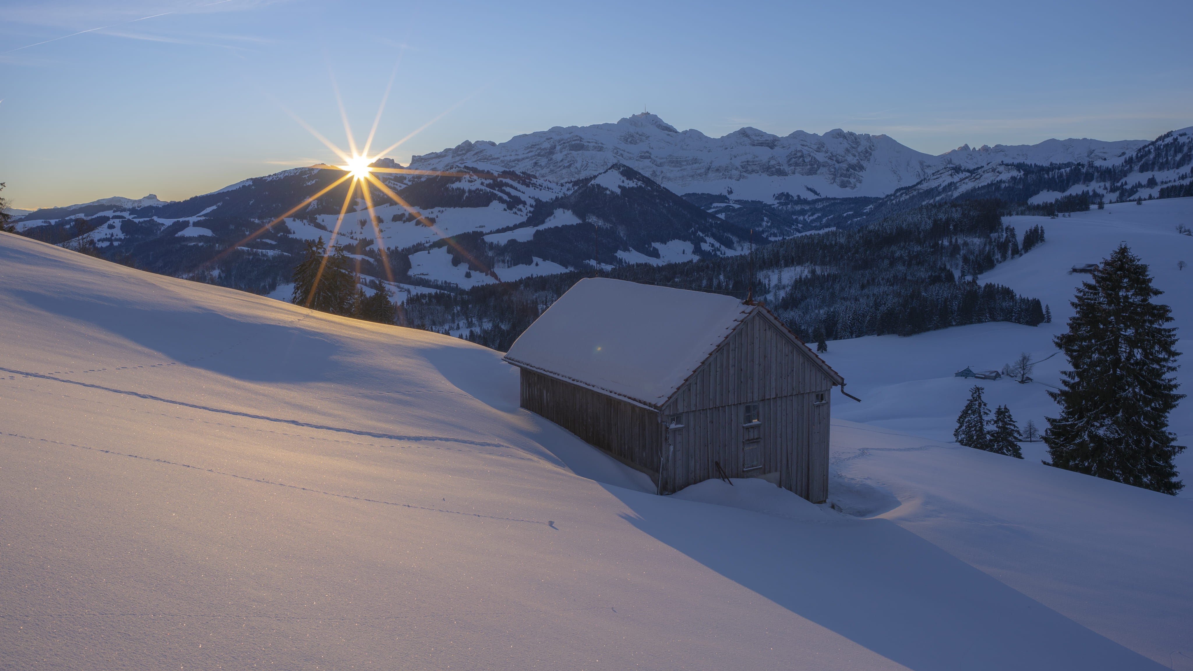 countryside, landscape, shelter, sky, outdoors, nature, tranquility, cabin, tree, tranquil scene, mountain range, barn, sun, cottage, sunrise, snowcapped mountain, HD Wallpaper