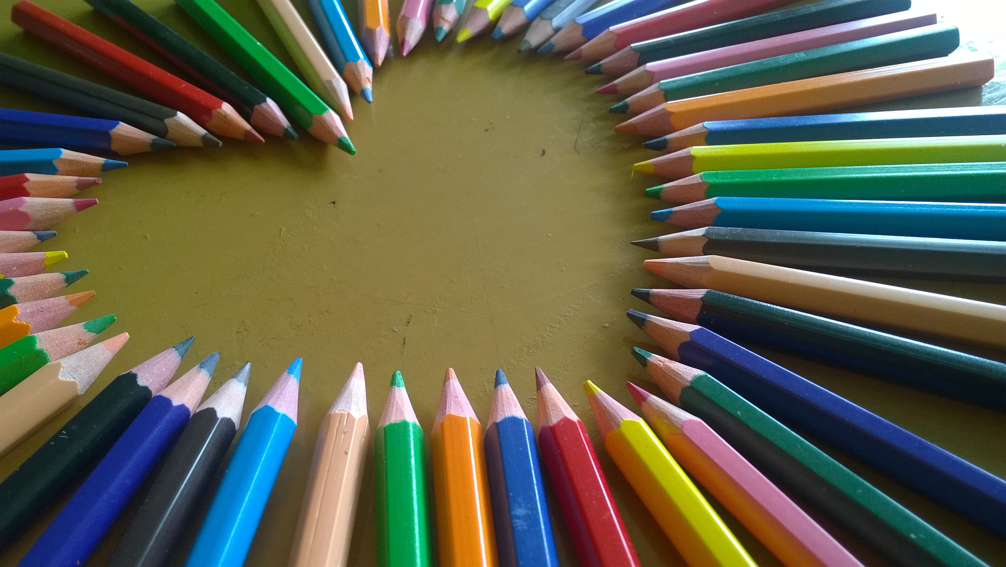 2K, high angle view, multicolored, still life, heart, colour, love, indoors, art and craft, spectrum, sharp, photo, writing instrument, heart-shape, table, HD Wallpaper