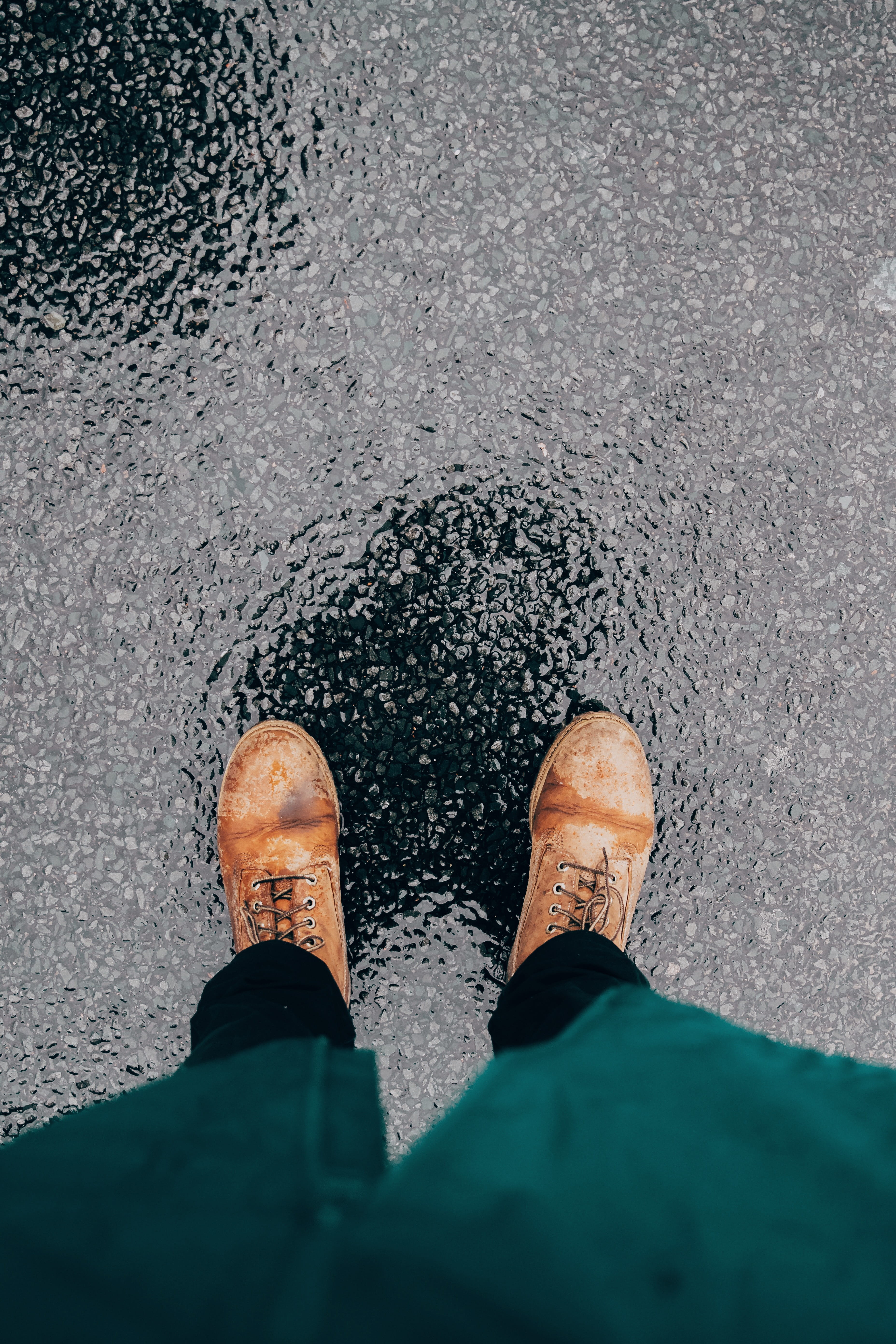 outdoors, clothing, high angle view, one person, leather, human foot, road, walkway, shoe, boot, concrete, grey, human body part, riding boot, sidewalk, Phone HD Wallpaper