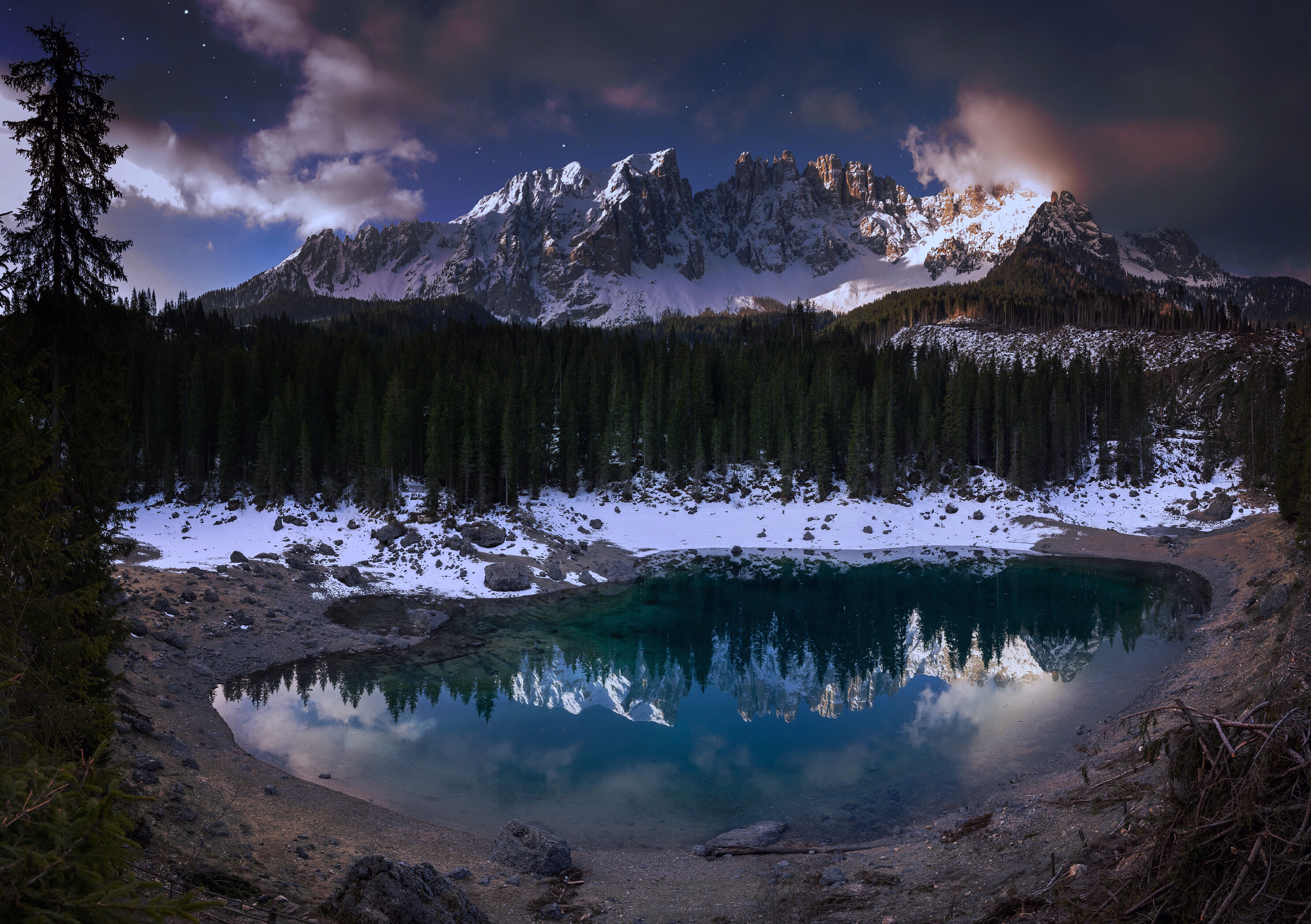 outdoors, southtyrol, basin, snowcapped mountain, coniferous tree, tranquil scene, lago di carezza, trees, beauty in nature, mountains, scenics - nature, HD Wallpaper