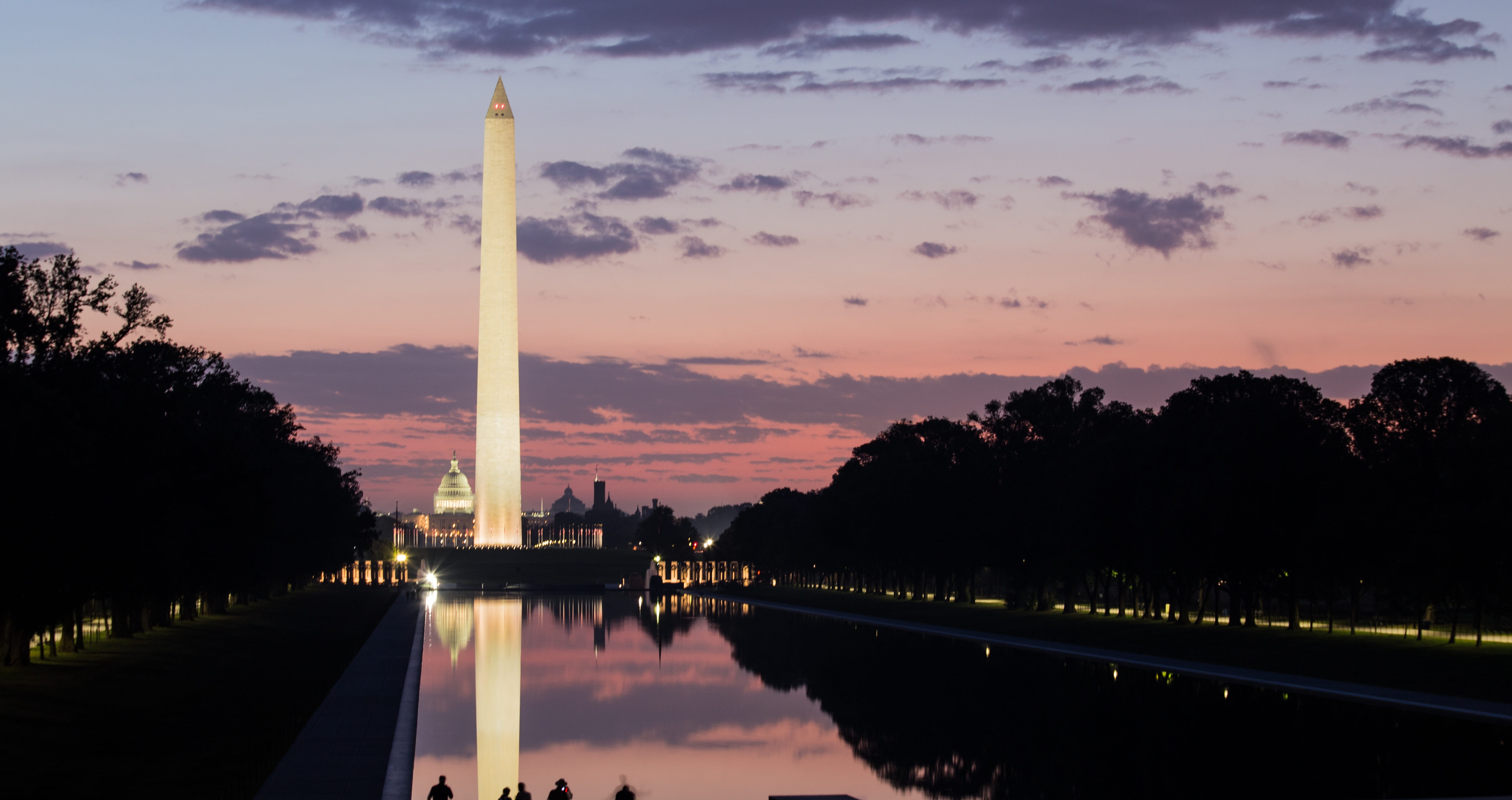 washington dc, Sunrise, lake, beauty in nature, reflection lake, silhouette, reflecting pool, water, Morning, dusk, built structure, illuminated, reflection, HD Wallpaper