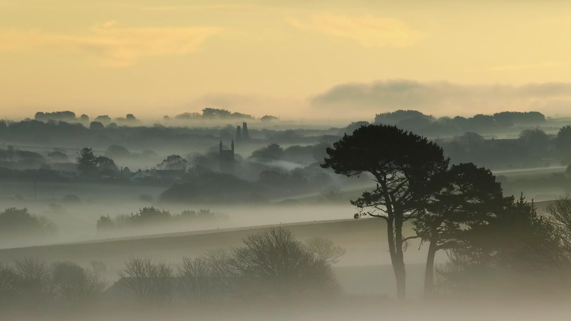 village, 1080P, hills, nature and landscapes, trees, morning, fog, HD Wallpaper