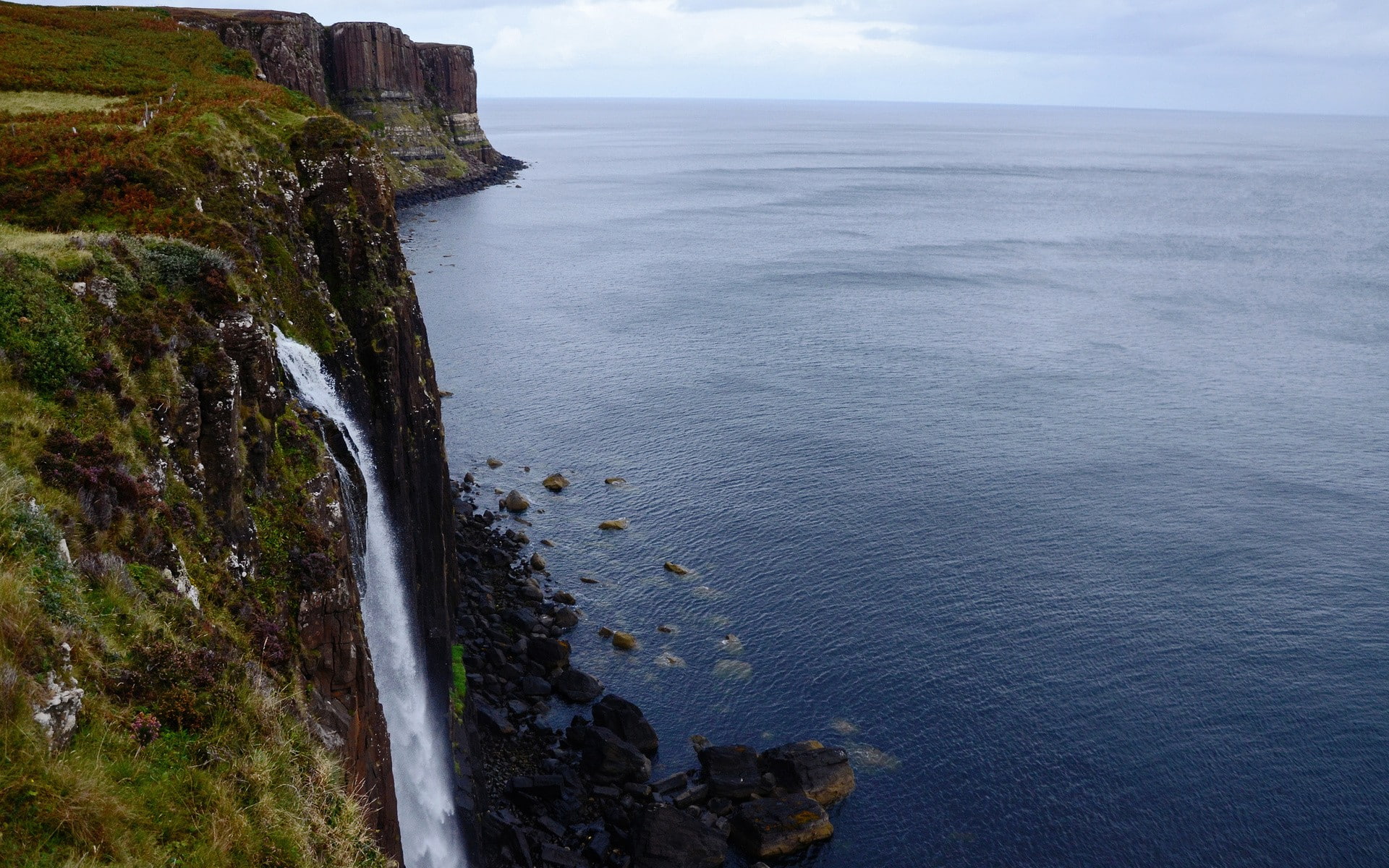 Scotland, 1080P, cliff, sea, horizon, coast, waterfall, landscape, Kilt Rock, HD Wallpaper