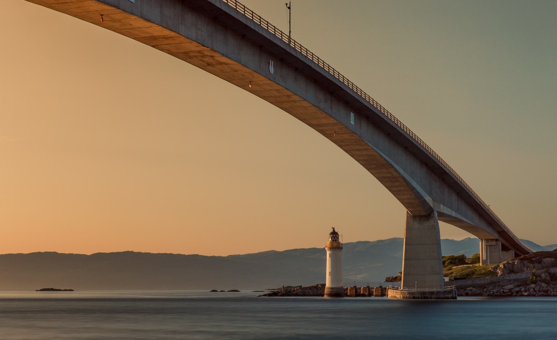 transportation, Bridge, connection, Lake, Golden, engineering, skye bridge, Dusk, Orange, Scotland, abendstimmung, outdoors, built structure, architectural column, HD Wallpaper