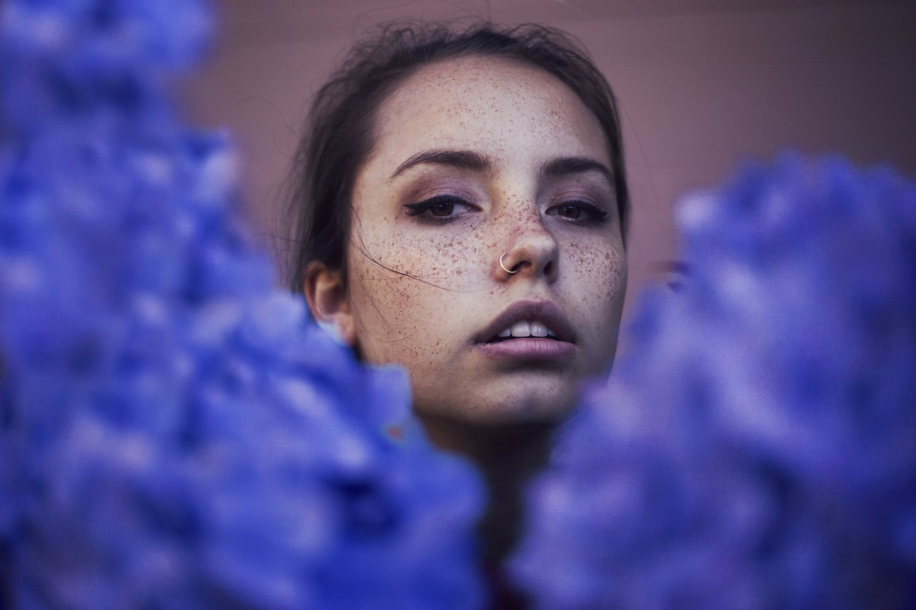 looking at viewer, freckles, mid adult, Ruby James, purple, 720P, young adult, Skye Thompson, headshot, women, close-up, looking at camera, human body part, HD Wallpaper
