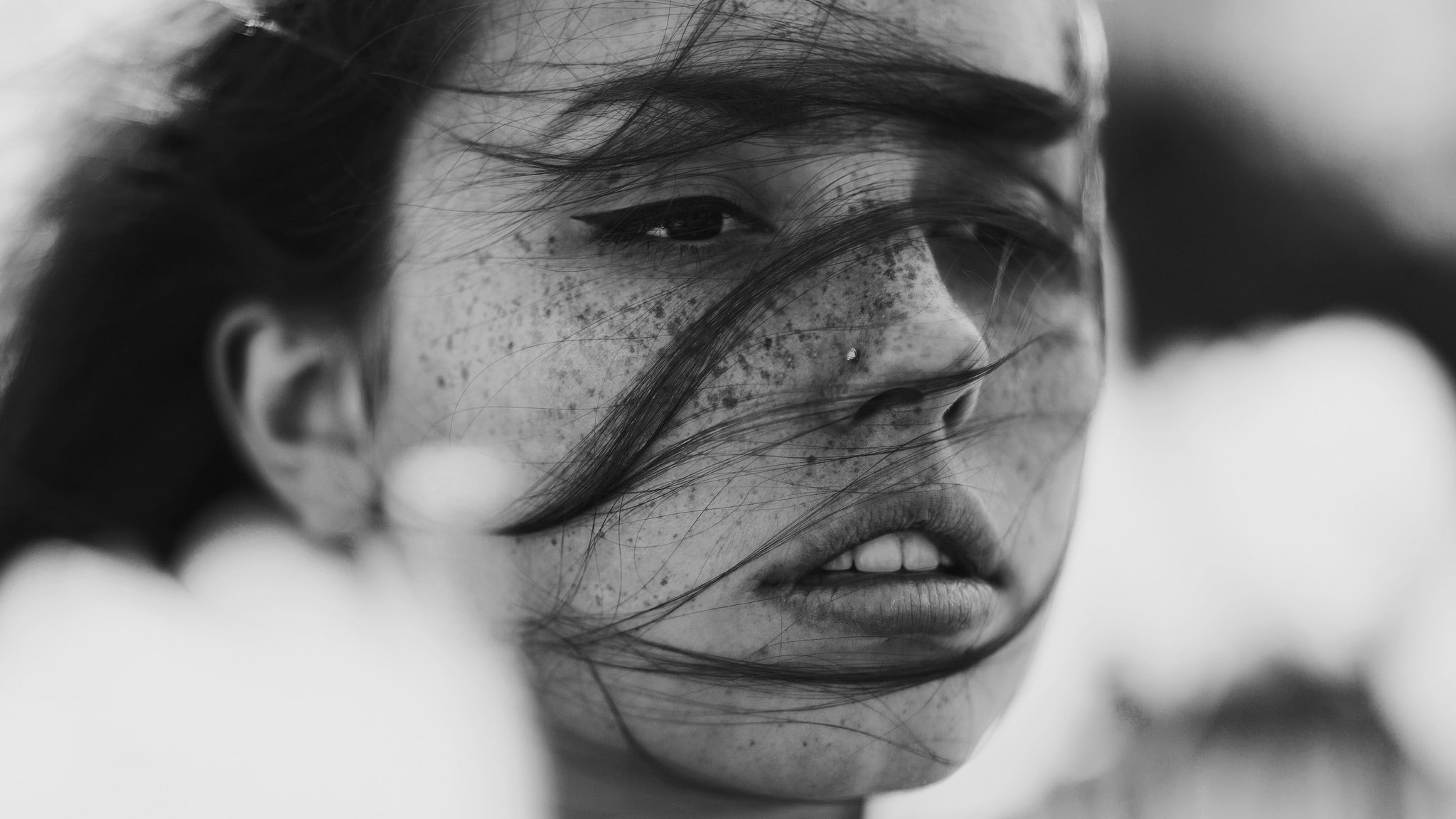 1080P, looking away, hair in face, pierced nose, open mouth, women, Ruby James, freckles, monochrome, Skye Thompson, HD Wallpaper