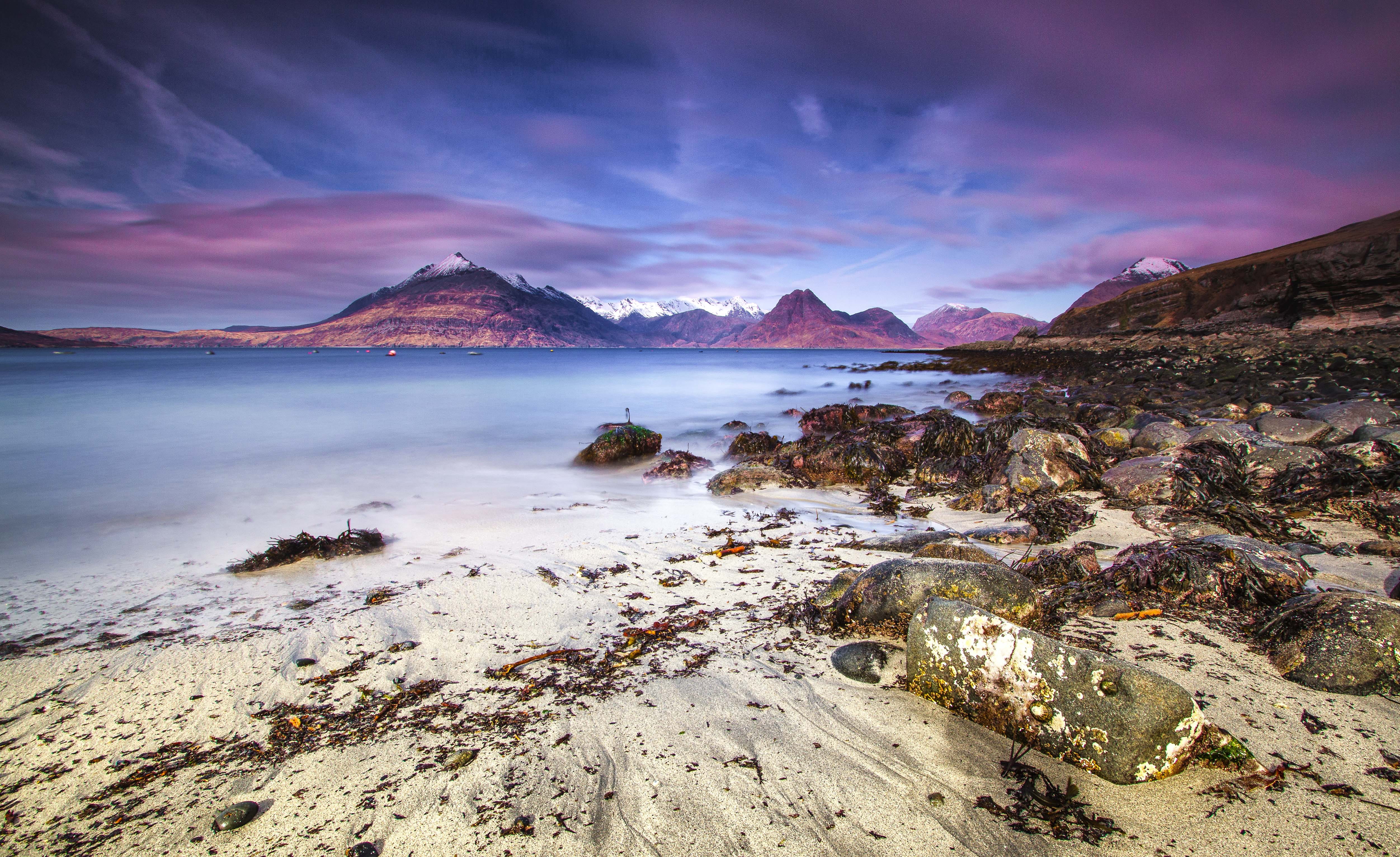 sea, coast, cloud - Sky, mountain peak, travel, 4K, water, scenics, photography, purple, land, color Image, rock - Object, outdoors, nature, mountain, HD Wallpaper