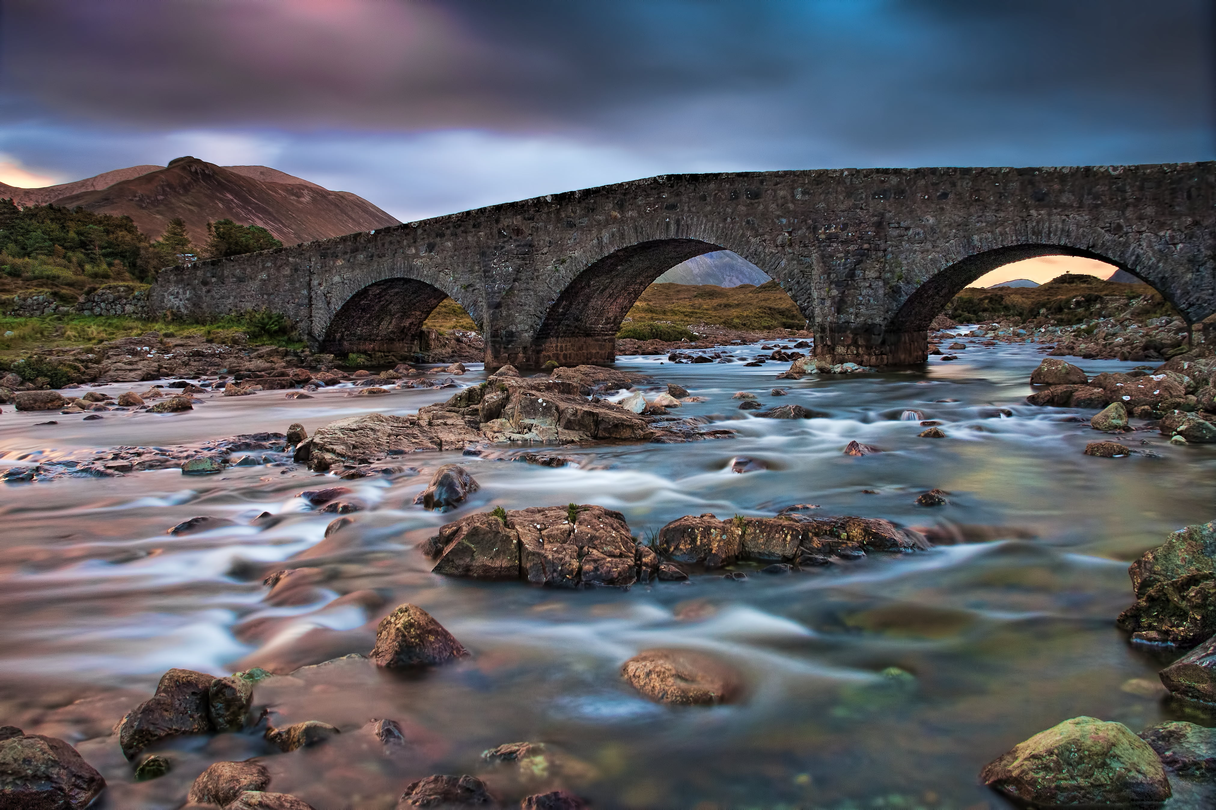 Auto_Focus, rock - Object, Sunset, water, stone, Sligachan, gray, bridge - Man Made Structure, landscape, 4K, Skye, bridge, Long Exposure, Dusk, photo, HD Wallpaper
