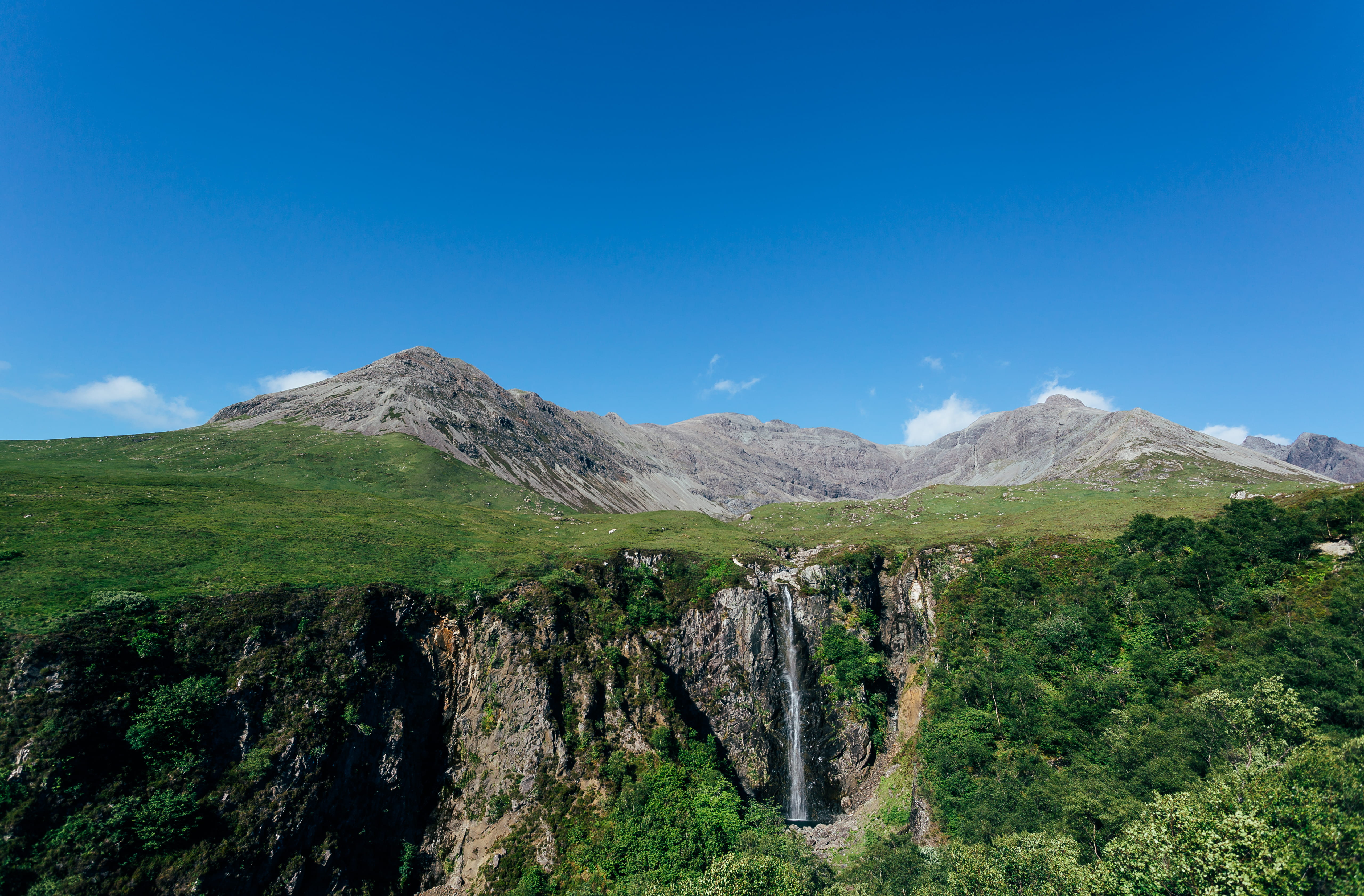 landscape, environment, green color, blue sky, outdoors, tree, island, water fall, plant, glenbrittle, tranquility, no people, mountain, non-urban scene, HD Wallpaper