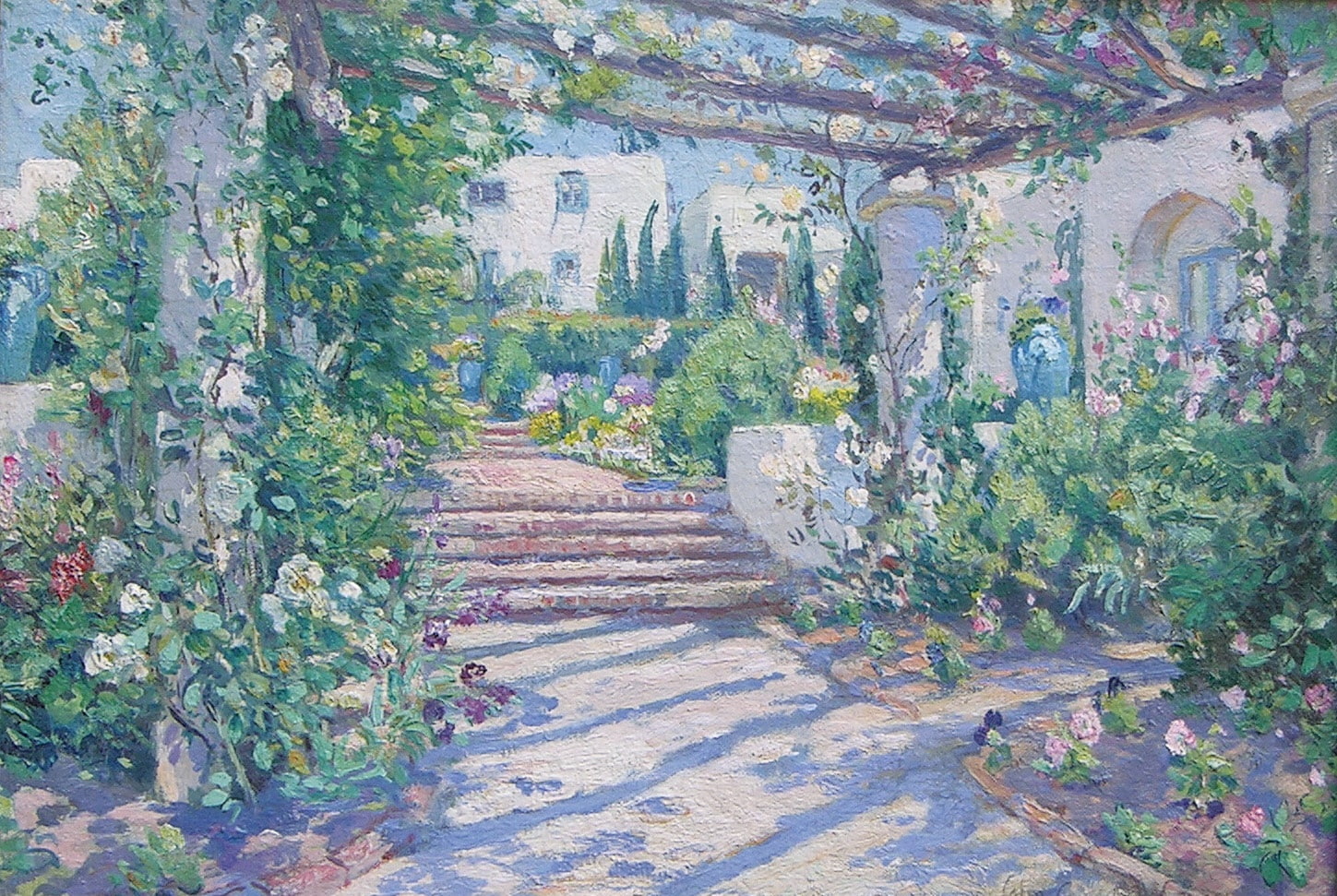 sunlight, the way forward, plant, outdoors, classic art, day, Colin Campbell Cooper, nature, architecture, 720P, shadow, architectural column, growth, HD Wallpaper
