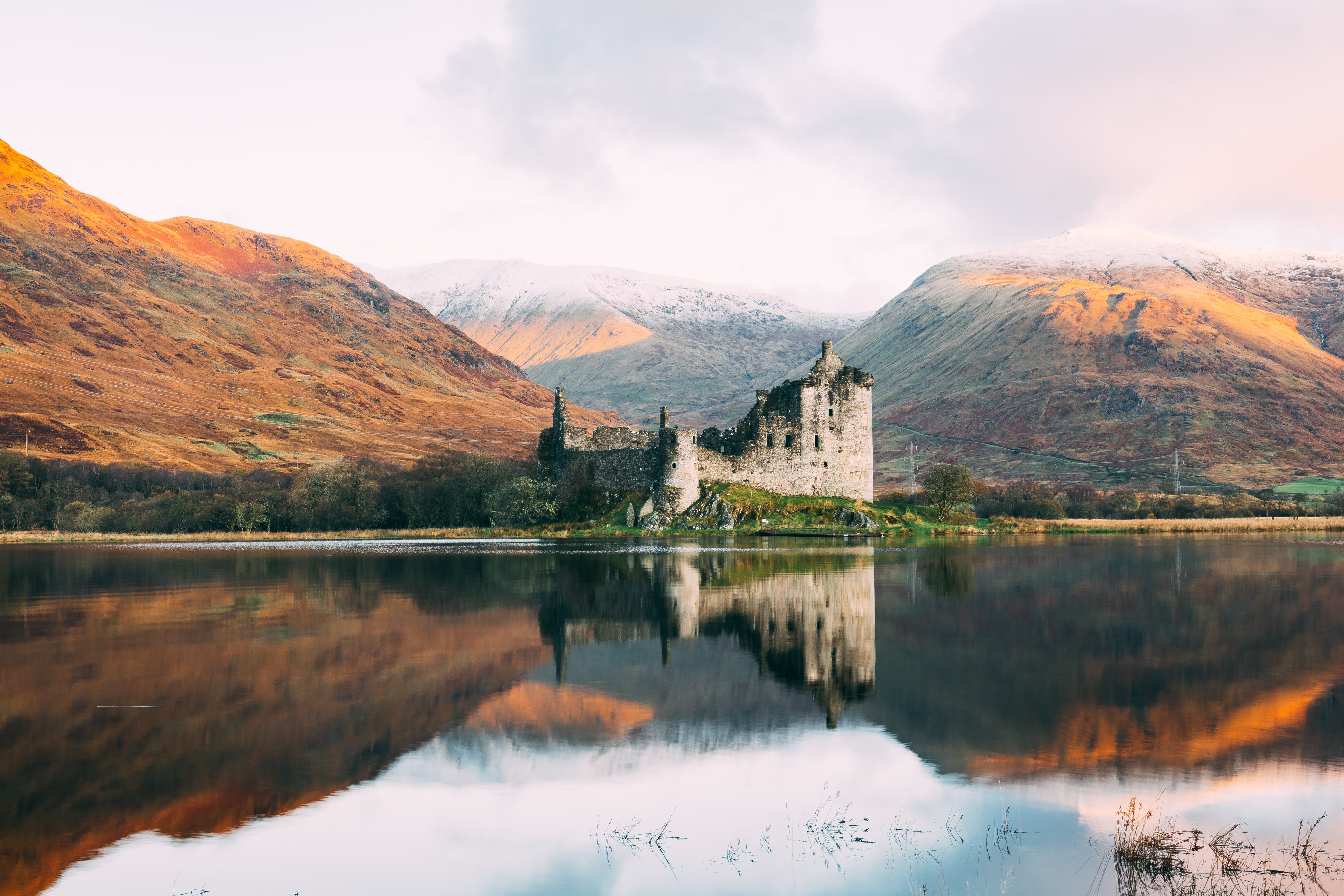 reflection, ruins, mountains, clouds, 5K, lake, power lines, Scotland, nature, Kilchurn Castle, landscape, UK, castle, HD Wallpaper