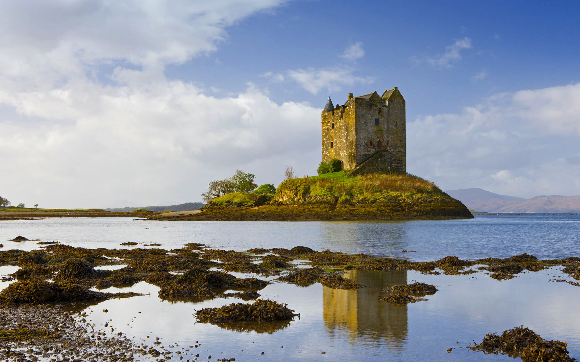 ruined, cloud - sky, ancient civilization, architecture, no people, the sky, sea, reflection, island, history, clouds, Scotland, building, travel destinations, HD Wallpaper