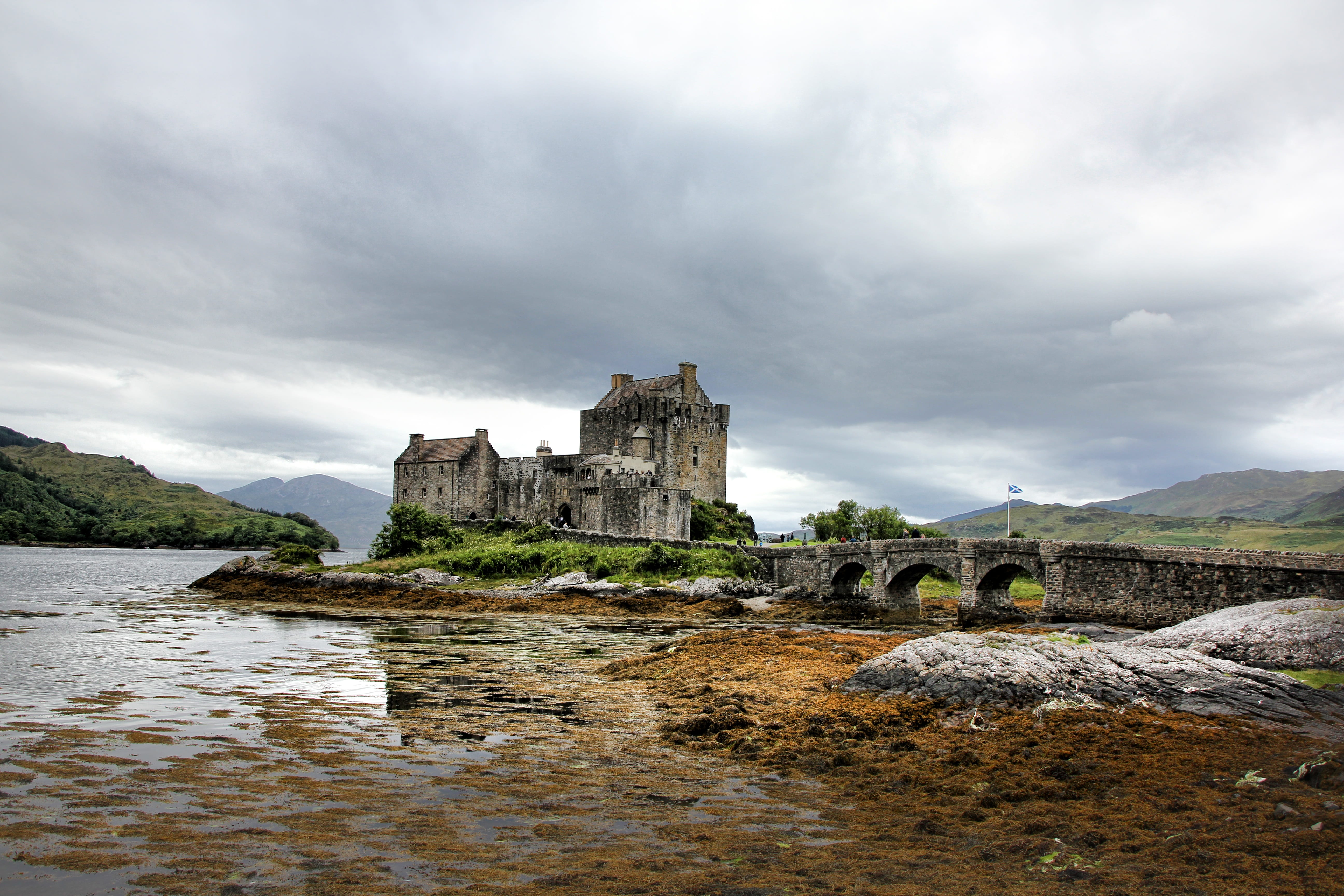outdoors, masonry, highlands and islands, clouds, history, cloud - sky, beige, eilean donan castle, ancient civilization, overcast, land, mystical, scotland, HD Wallpaper
