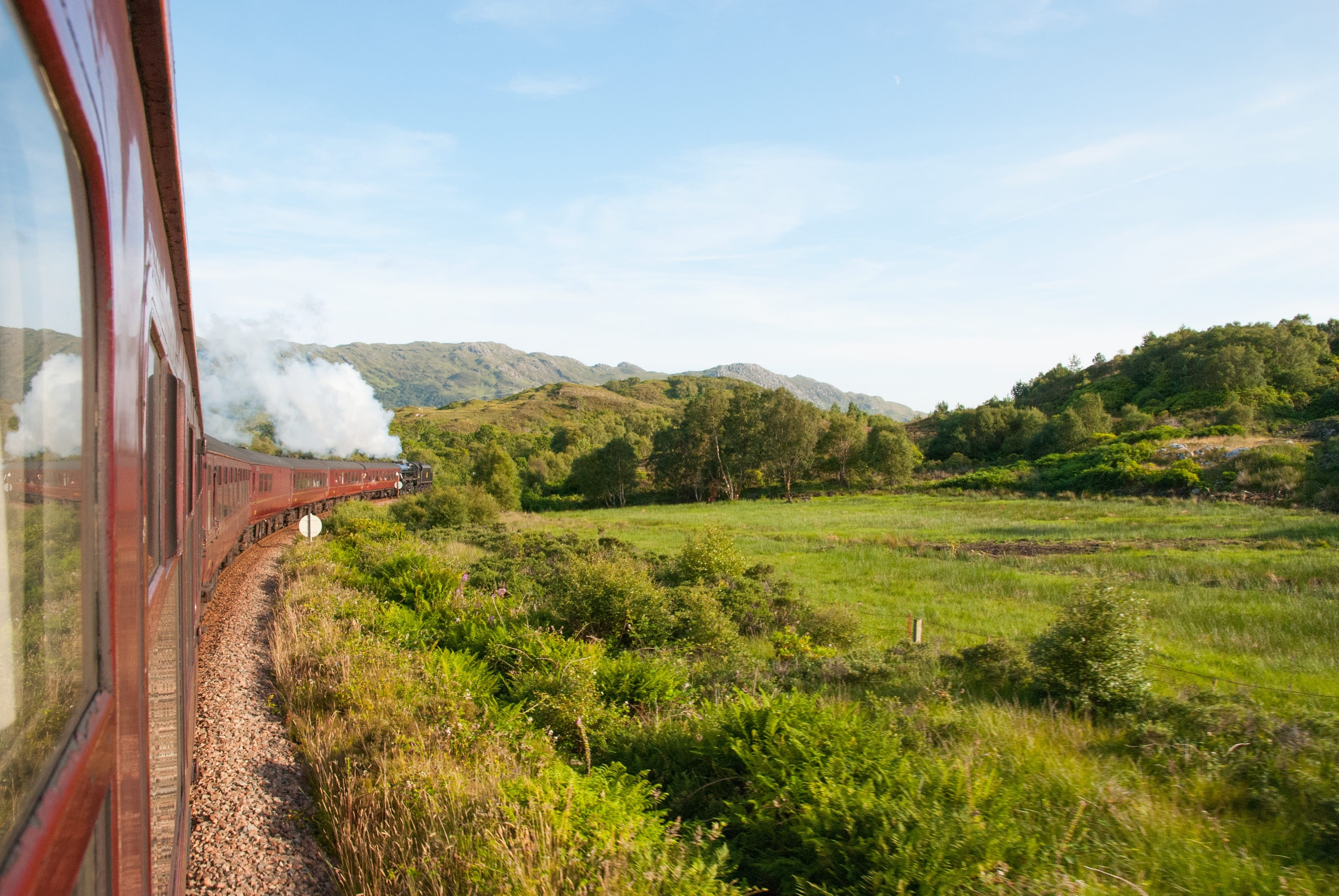 no people, steam train, mode of transportation, day, sky, grass, environment, field, tranquil scene, land, 2K, scenics - nature, landscape, tree, growth, HD Wallpaper