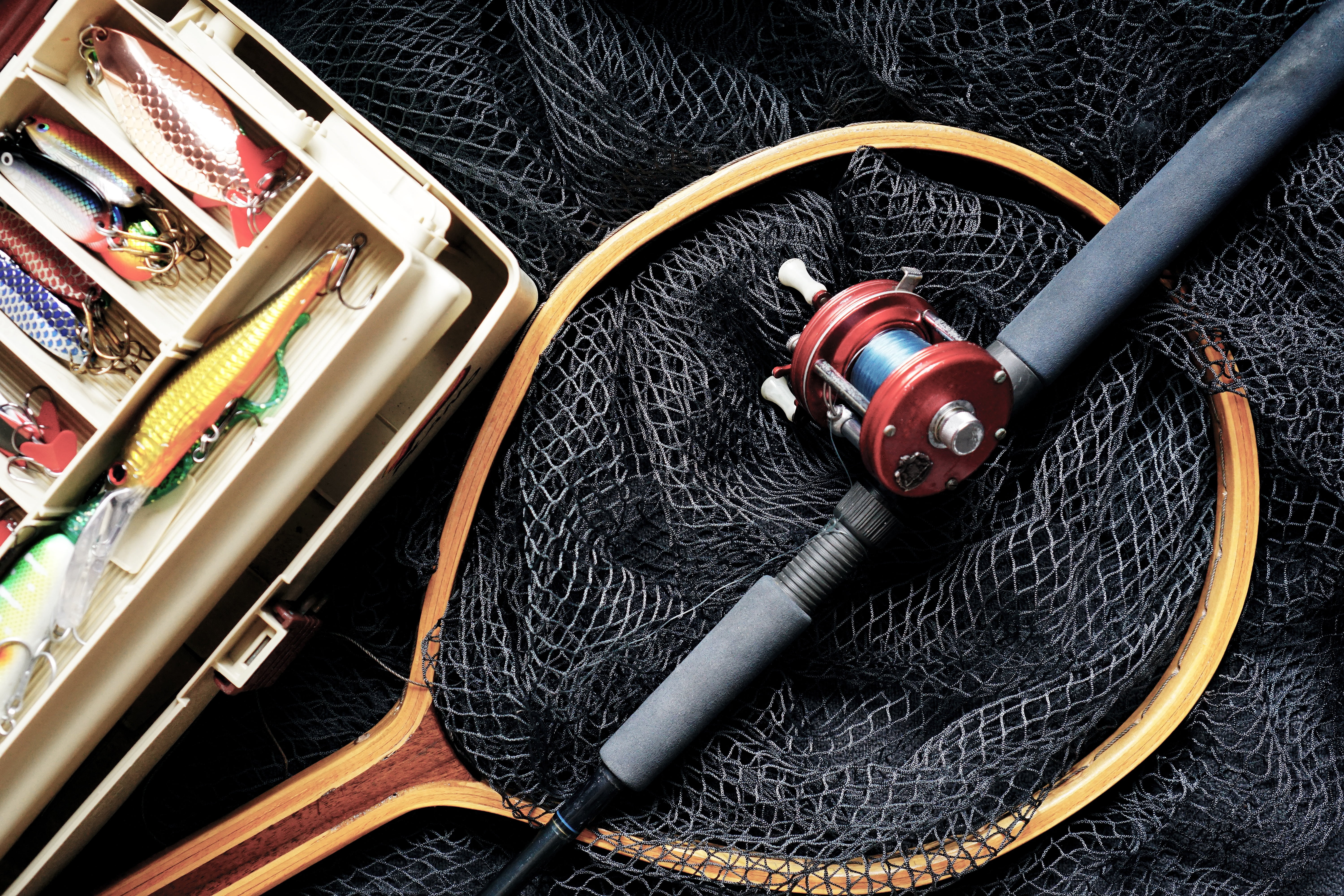 retro styled, fishing lures, music, landing net, equipment, fishing box, fishing nets, net, black, fishing rod, still life, arts culture and entertainment, HD Wallpaper