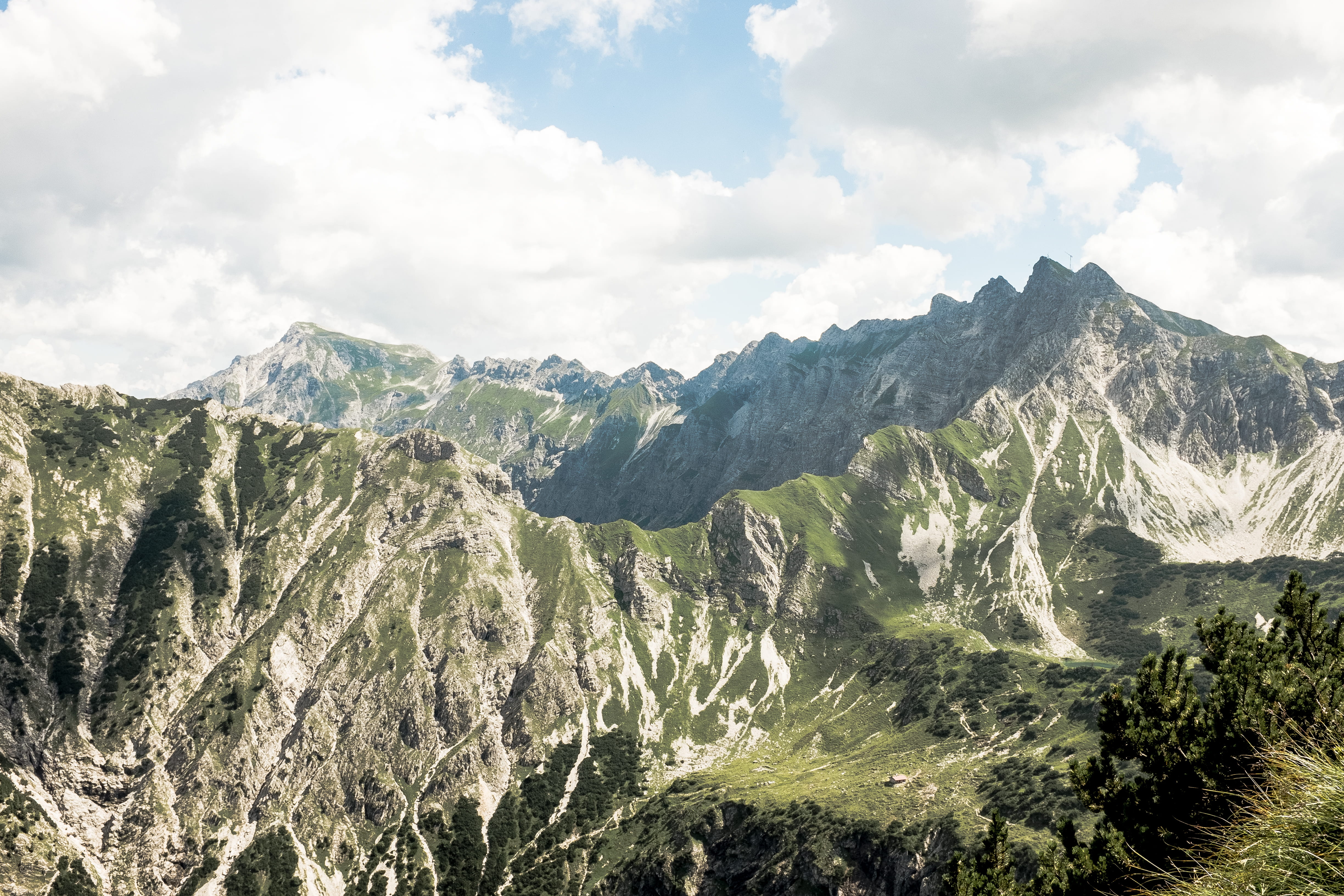 tranquility, no People, clouds, tranquil scene, grass, formation, coniferous tree, ranges, outdoors, green, mountain, covered, valley, skies, 4K, summer, HD Wallpaper