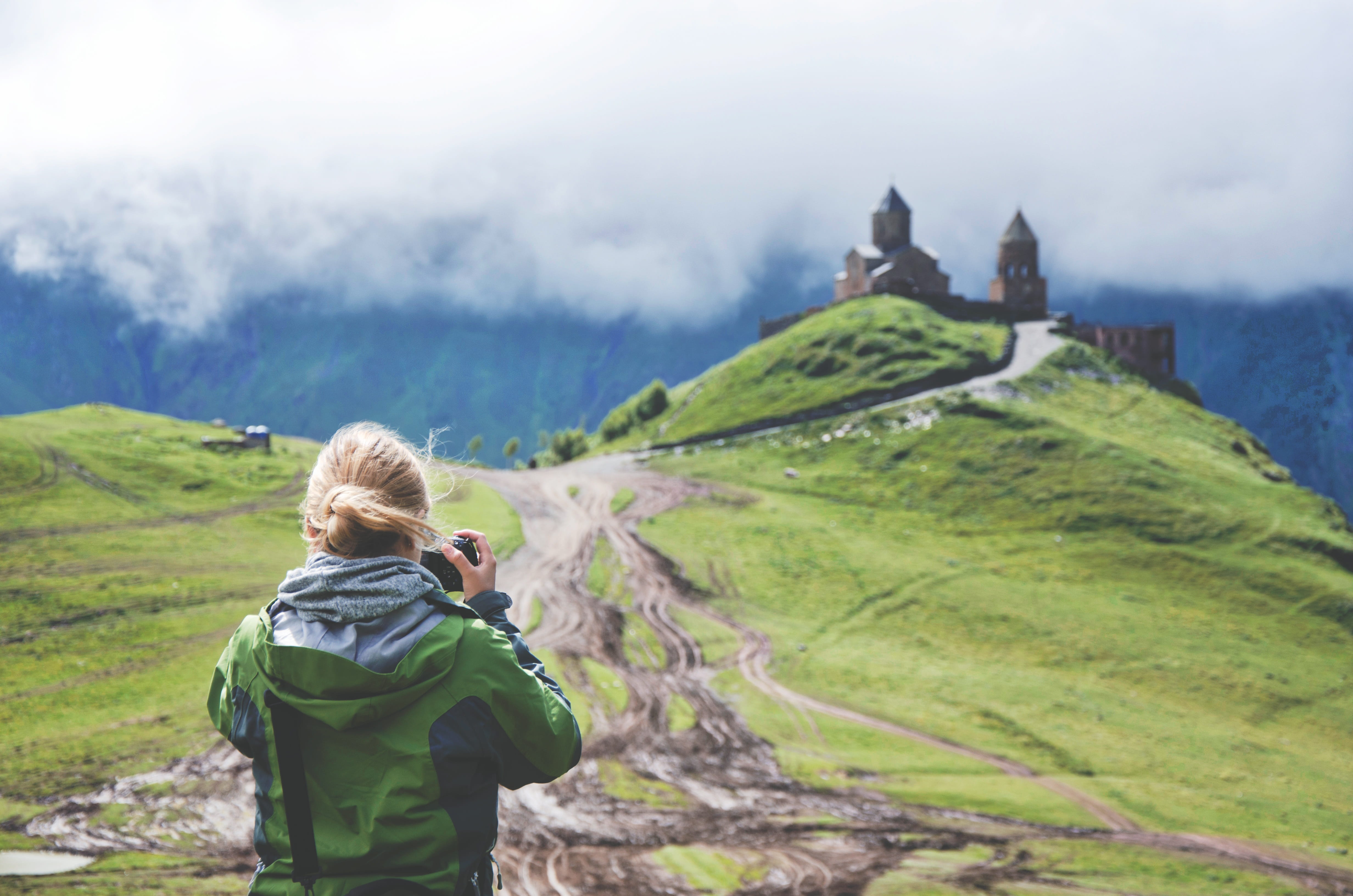 looking at view, dslr camera, activity, outdoors, clouds, scenics - nature, landscape, daytime, nature, hill, green, taking, hooded, green Color, people, HD Wallpaper