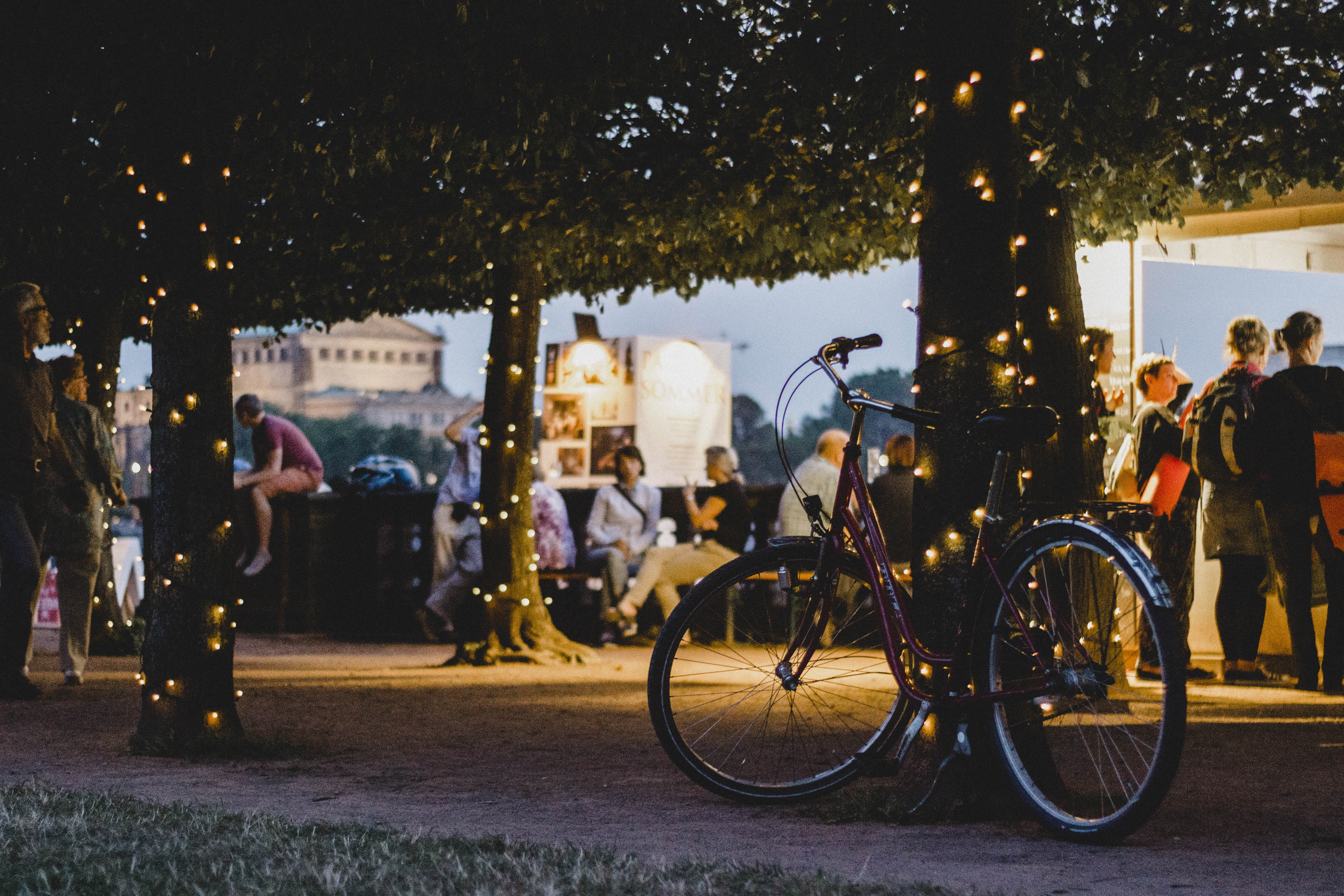 night, bicycle, incidental people, people, bark, building exterior, red, illuminated, 5K, photography, parked, outdoors, street, land vehicle, transportation, HD Wallpaper
