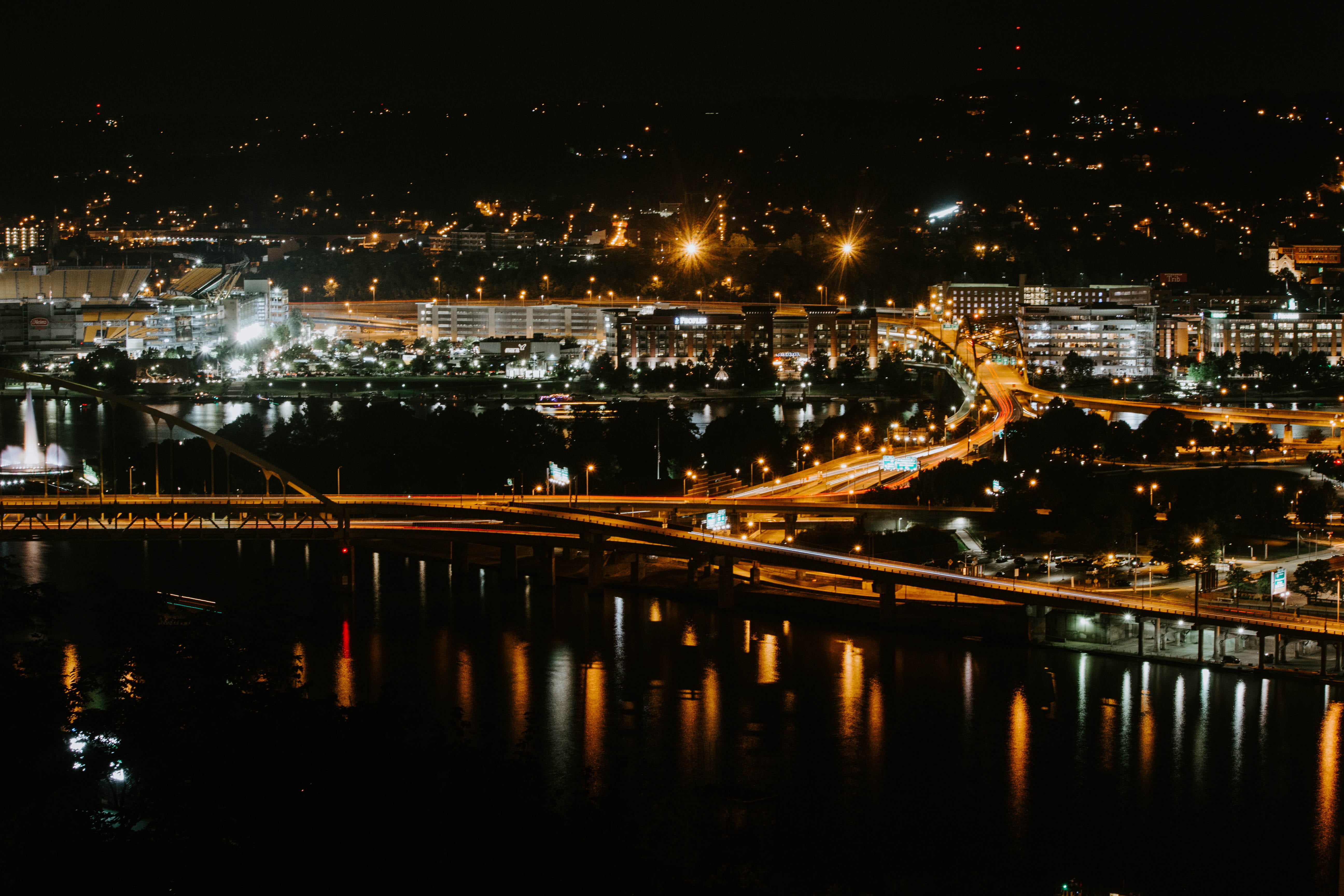 water, downtown, outdoors, bridge - man made structure, pittsburgh, illuminated, nature, waterfront, night, time, river, gray, cityscape, traffic, long exposure, HD Wallpaper