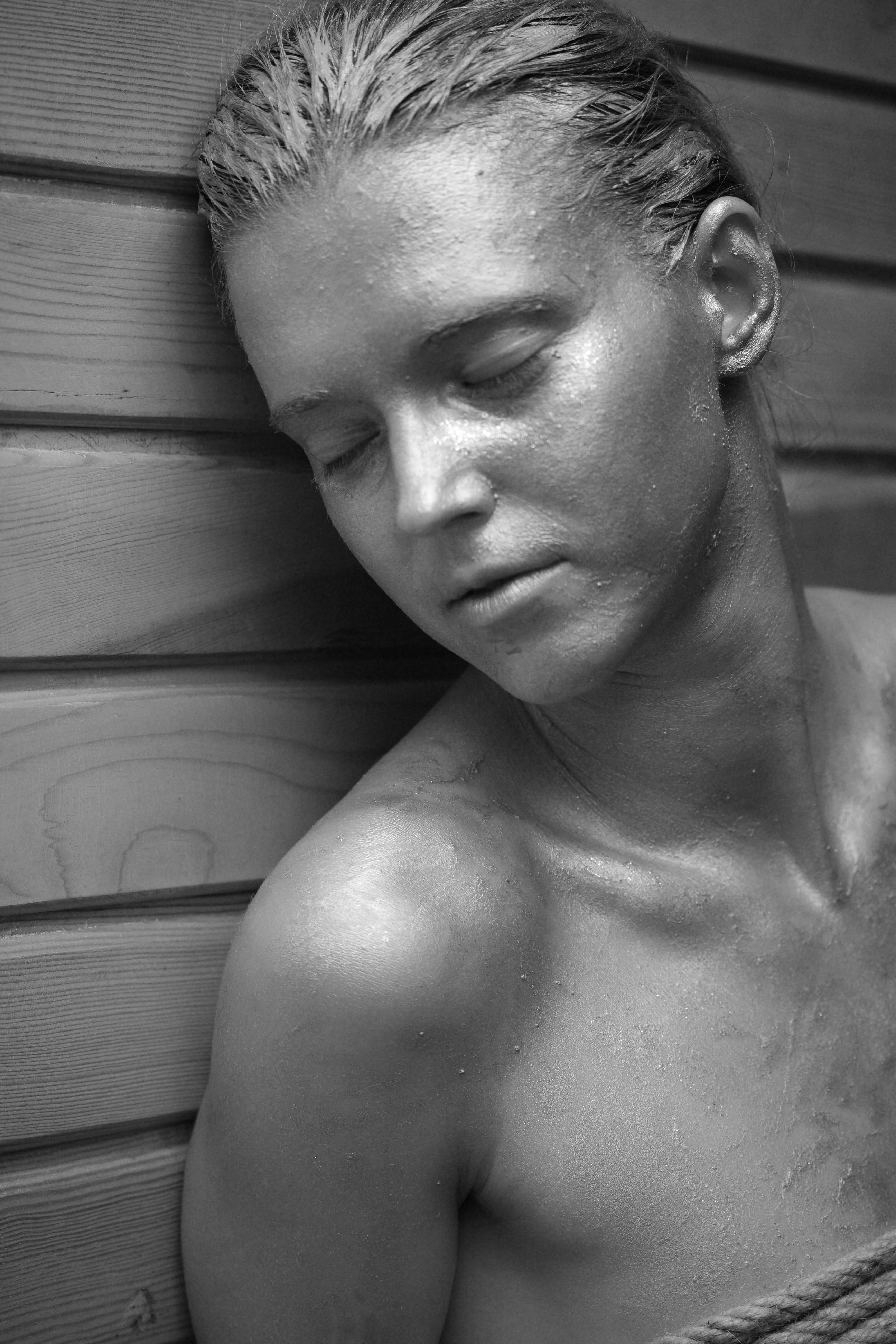 human face, one person, black and white, contact, young model, beautiful, human, males, leisure activity, chest, closed, fashion, shirtless, water, contemporary, Phone HD Wallpaper