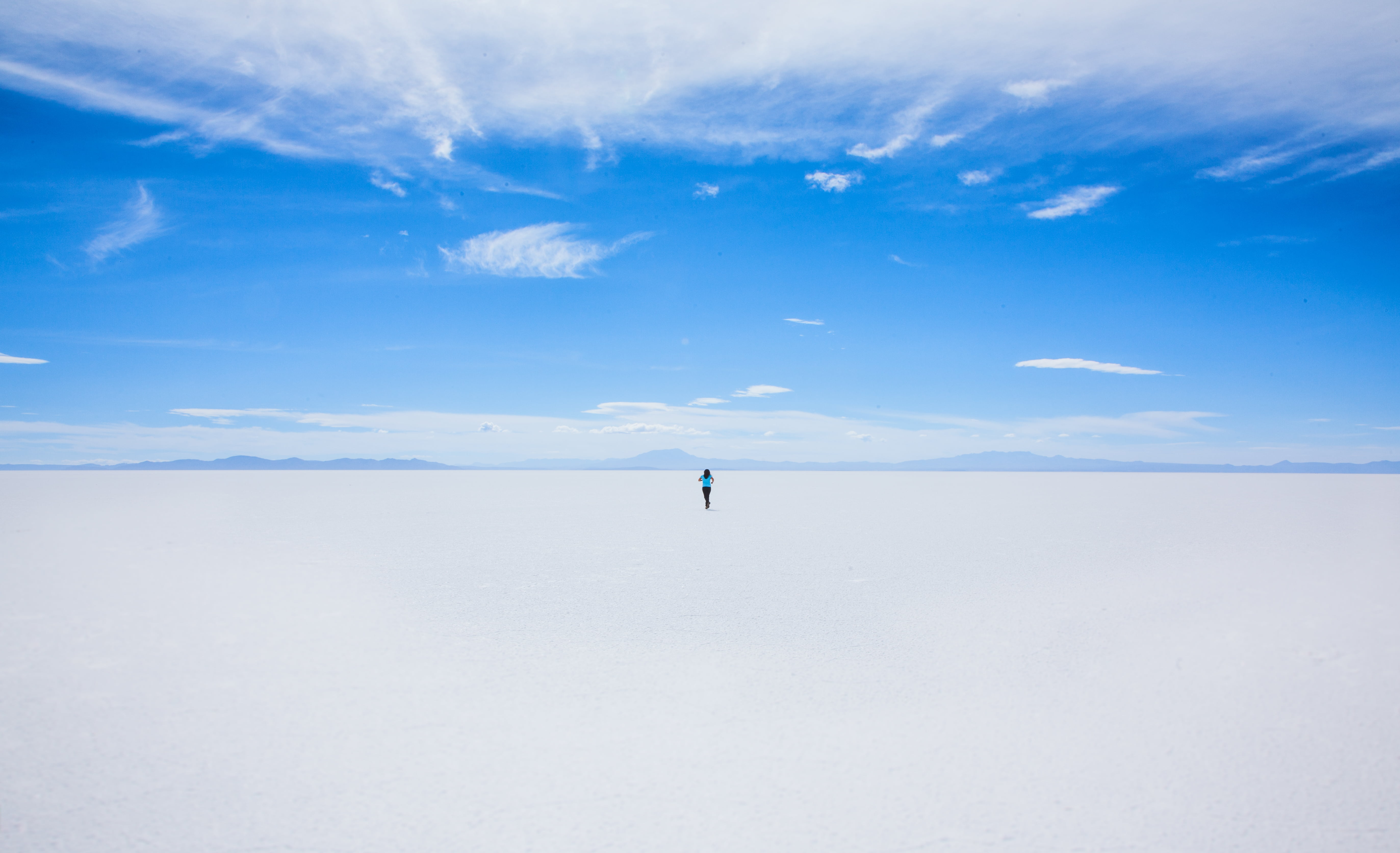 person, tranquility, 5K, sport, adventure, salt flat, standing, clouds, mineral, nature, travel, alone, man, cloud - sky, white, beauty in nature, blue, HD Wallpaper
