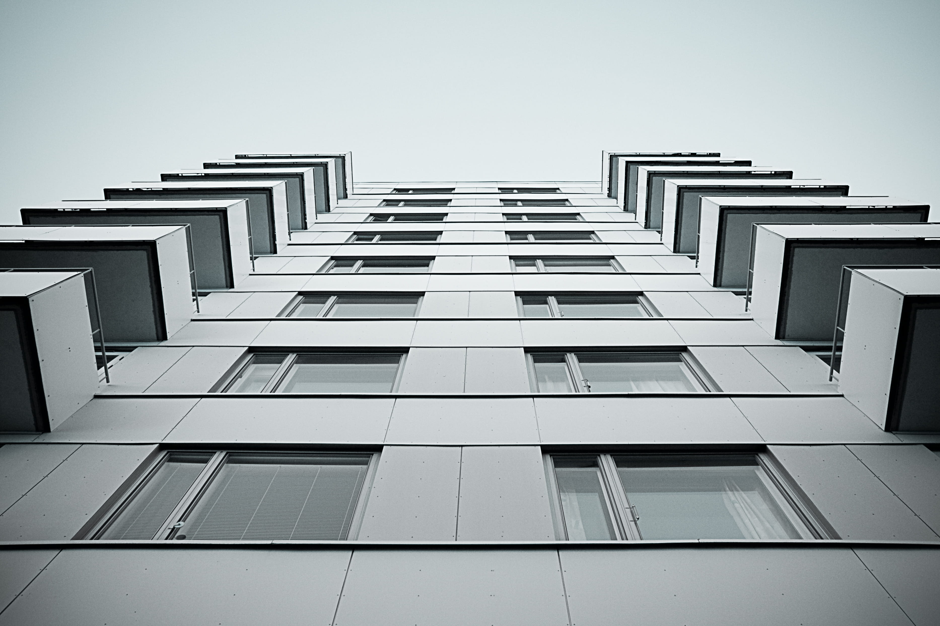 photo, three-dimensional Shape, day, daytime, black And White, building, modern, painted, urban Scene, office, built Structure, in a row, city, sky, balcony, HD Wallpaper