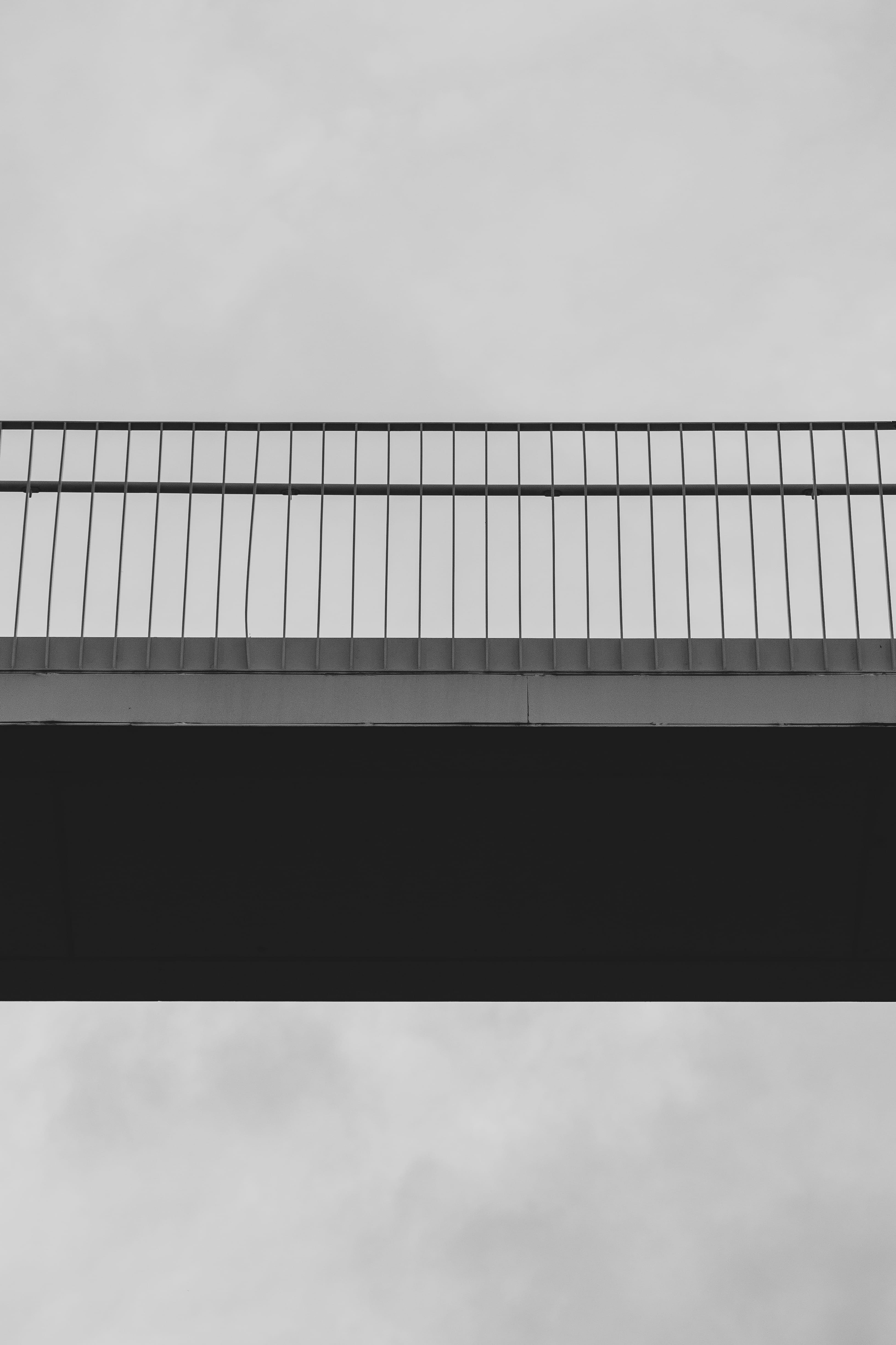 photography, black and white, nature, girder, banister, bridge - man made structure, gray, clouds, 4K, day, architecture, sky, connection, transportation, Phone HD Wallpaper