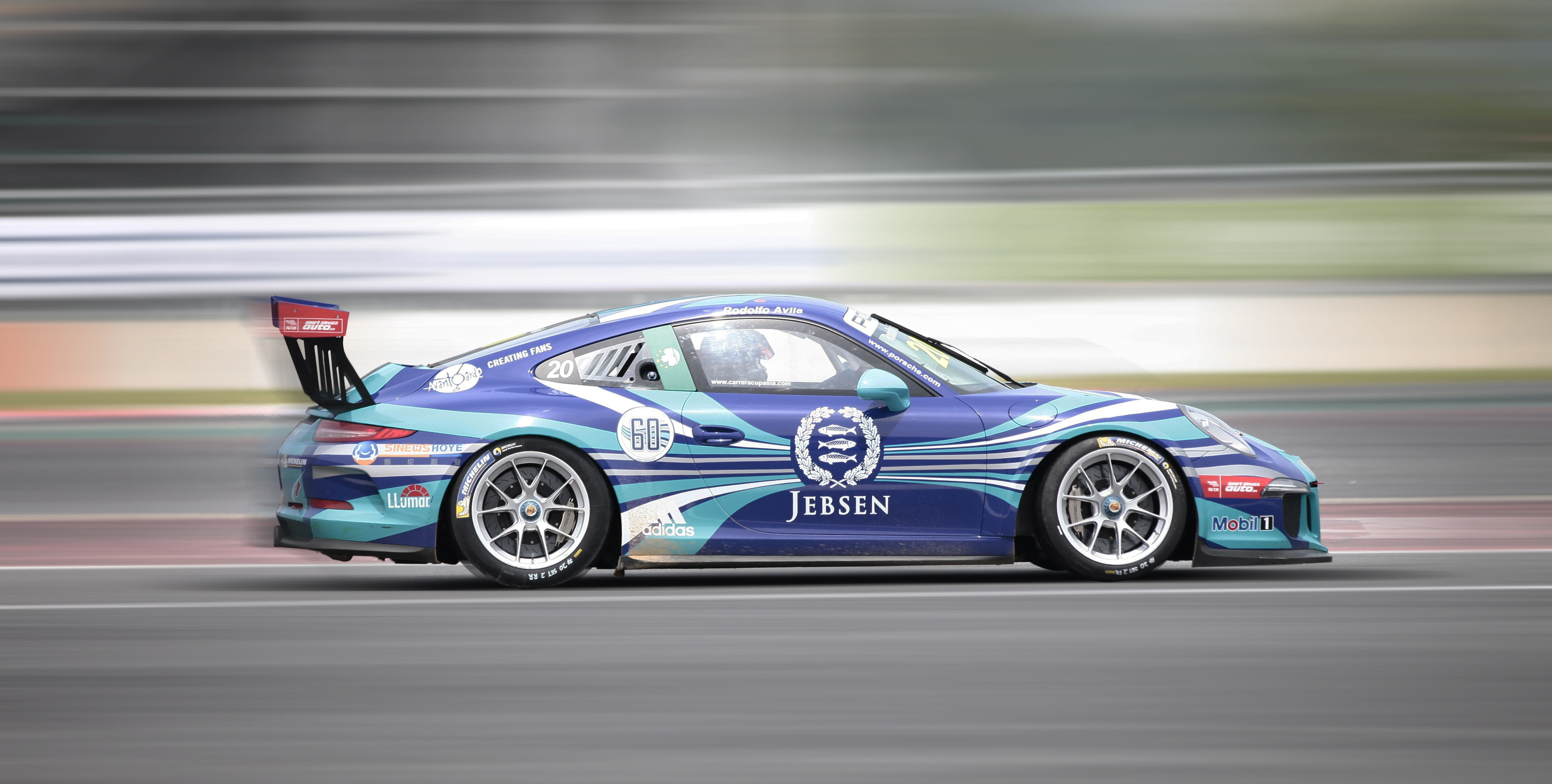 race track, blurred motion, sun, racecar, land vehicle, printed, racing, auto, driving, blue, runway, racecourse, jebsen, luxury, motion, 4K, transportation, HD Wallpaper