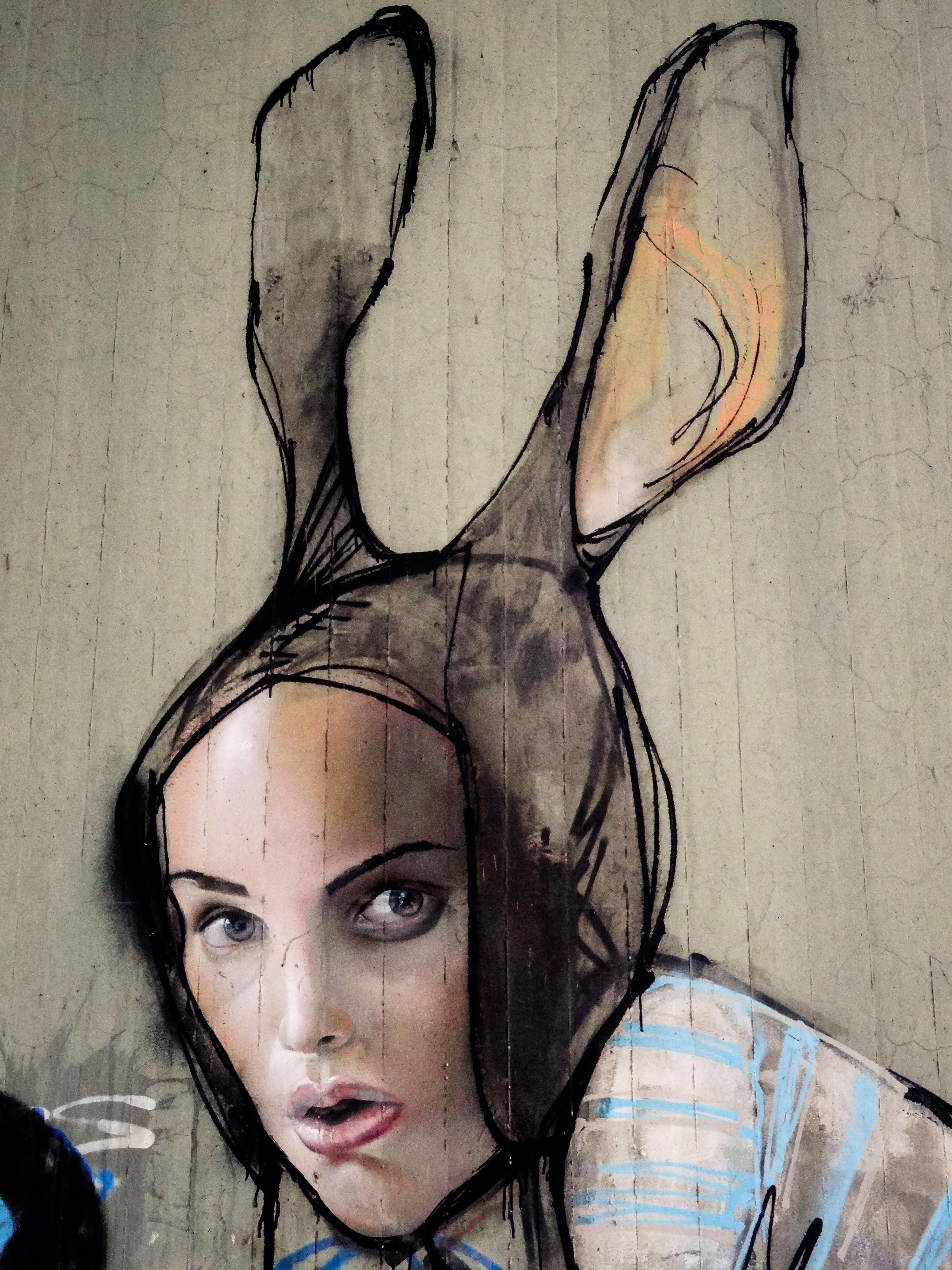 modern art, beautiful woman, mask, head, hare, color, digital composite, lifestyles, rabbit ears, adults only, young women, spray, painted wall, urban art, Phone HD Wallpaper