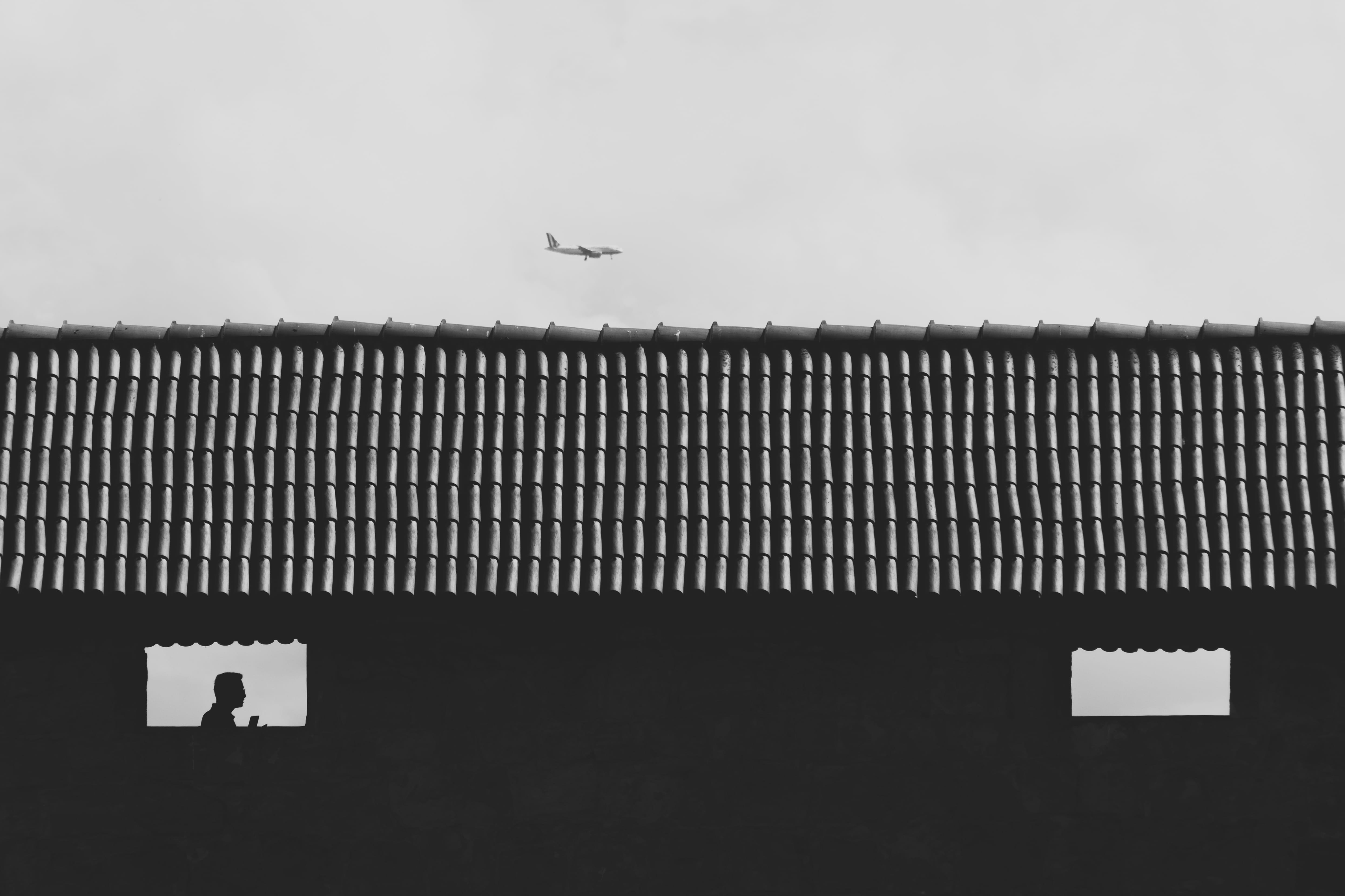 outdoors, on the move, airplane, shadow, nature, no people, sky, black and white, esslingen, travel, germany, 4K, built structure, day, building, mid-air, HD Wallpaper