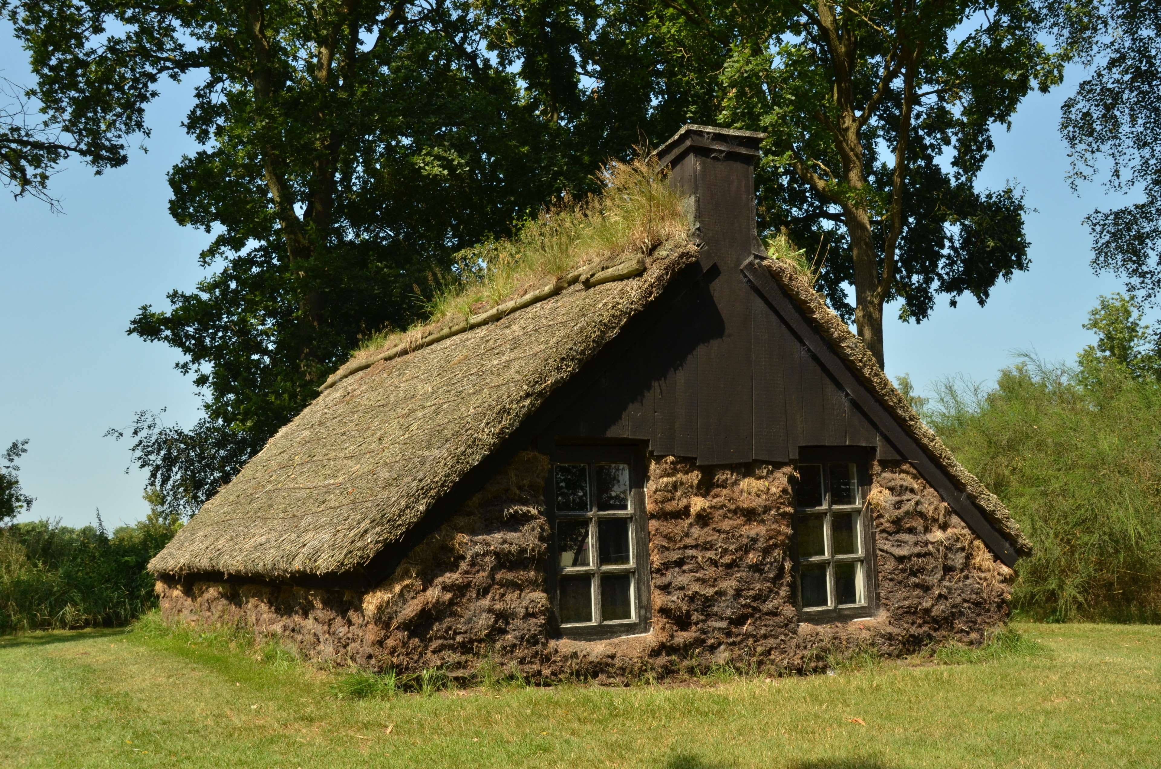 hut, cottage, sunlight, landscape, built structure, roof, green color, field, history, day, spit shack, tree, plant, growth, 4K, outdoors, architecture, HD Wallpaper