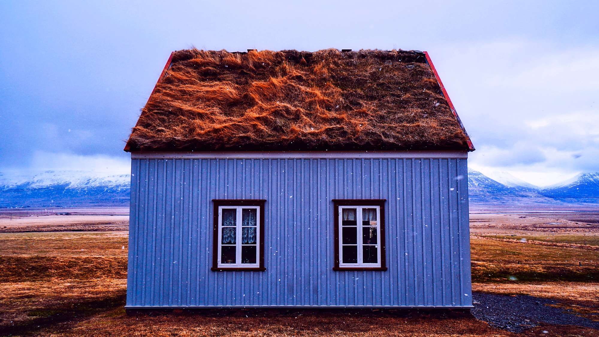 country, rustic, roof, blue, cold temperature, built structure, no people, wooden, daylight, cloud - sky, nature, 1080P, outdoors, rural, home, green roof, HD Wallpaper
