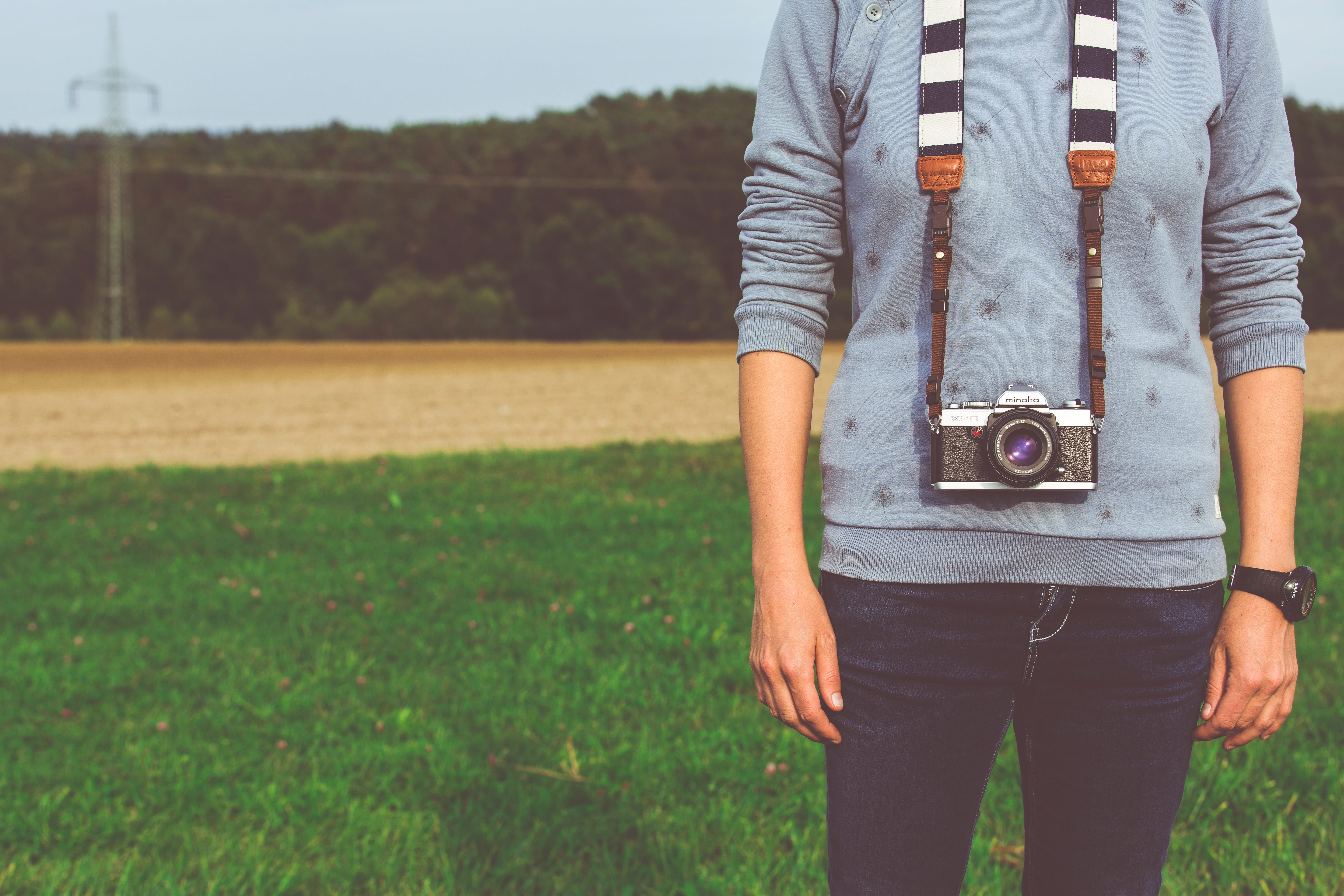 low section, sweatshirt, alone, day, lifestyles, green, sky, focus on foreground, grass, gray, woman, watch, landscape, photography themes, front view, HD Wallpaper
