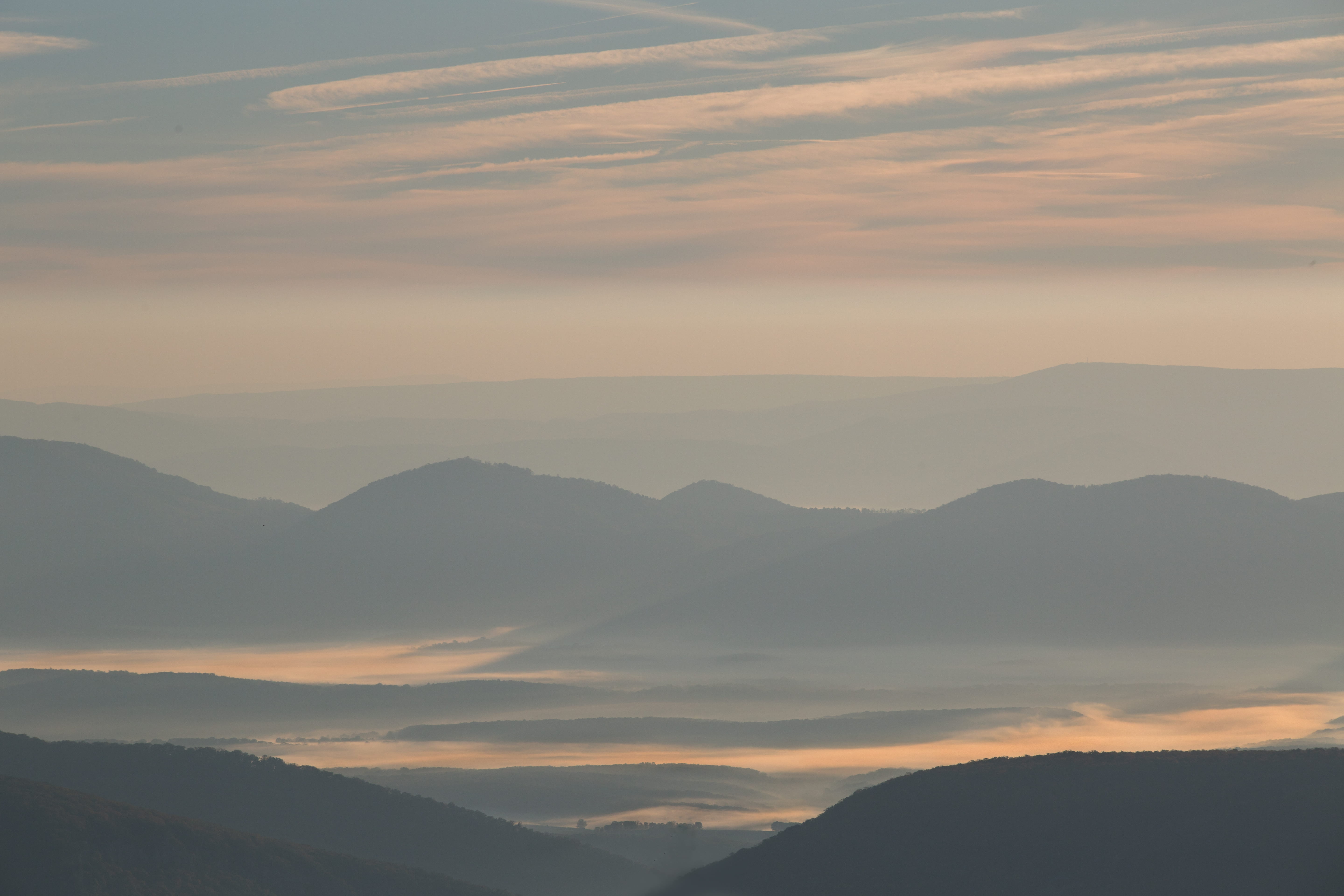 cloudy, beauty in nature, sunset, silhouette, idyllic, mountain, mountain peak, orange color, environment, 5K, dolly, fog, tranquility, nature, scenics - nature, HD Wallpaper